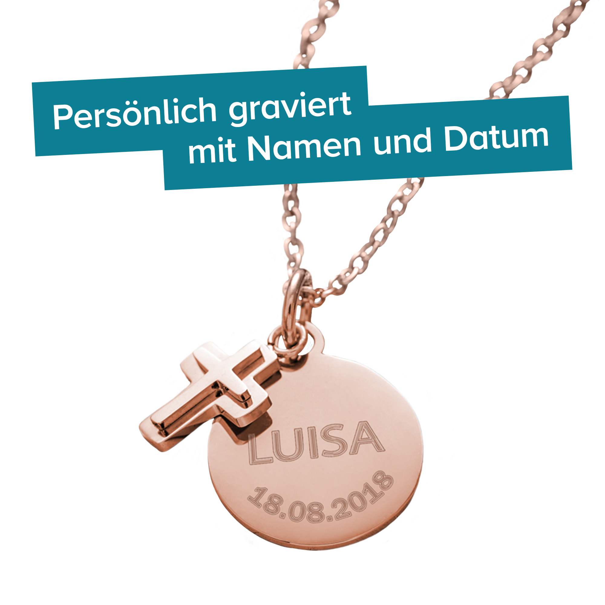 Runder Kettenanhänger mit Kreuz Rosegold - Name und Datum 4074 - 1