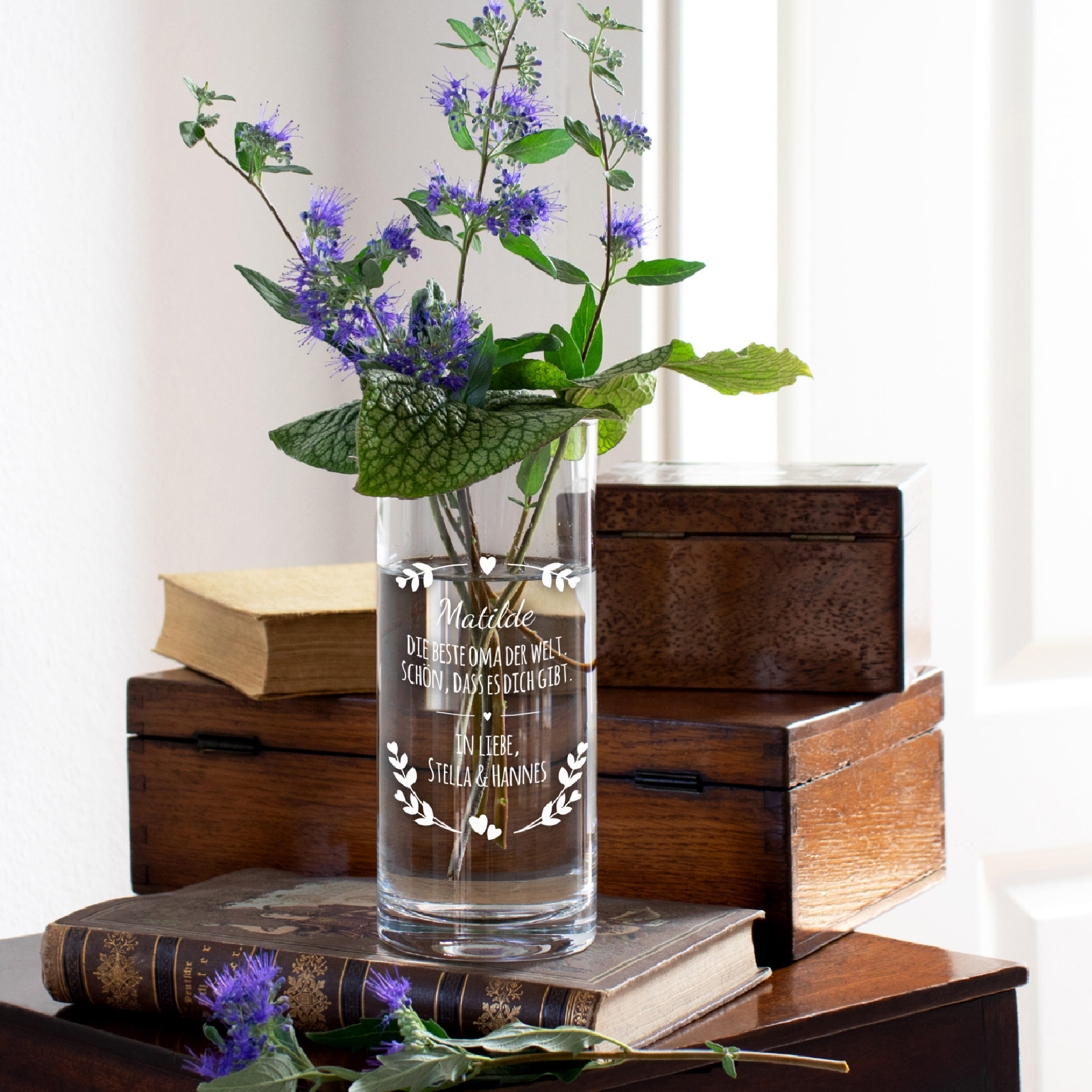 Runde Vase mit Gravur - Blumenherz für Oma 2135-119-MZ - 5