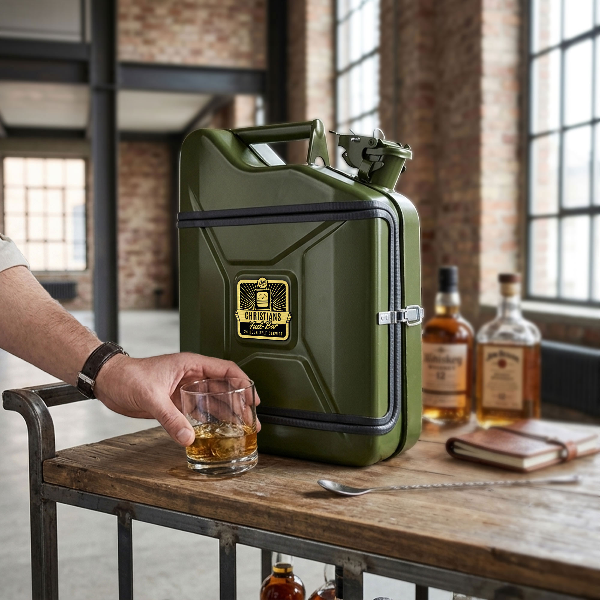 Personalisierte 10l Kanisterbar - grüne Mini Bar mit Barschrank 3-teilig Personalisierte 10l Kanisterbar - grüne Mini Bar mit Barschrank 3-teilig