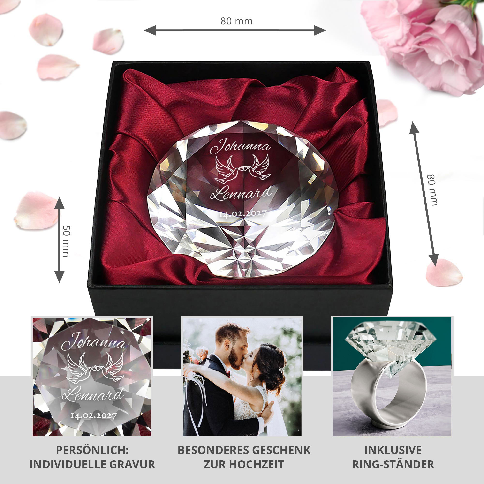 Diamant Kristall mit Liebestauben Gravur und Ring Displayständer Silber
