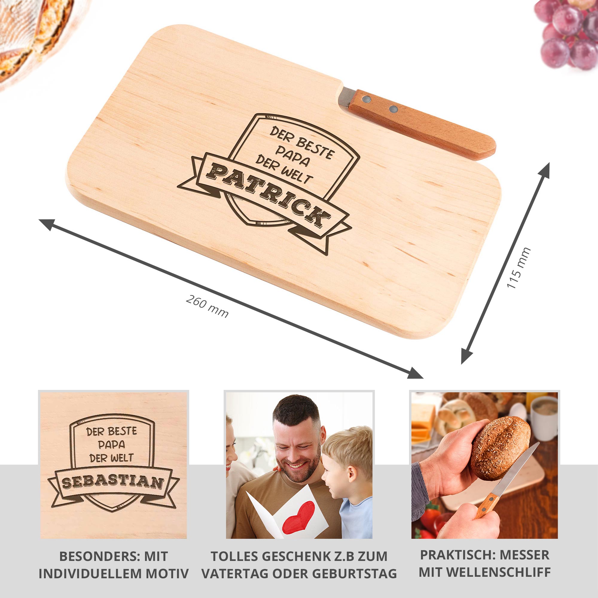 Frühstücksbrett mit Messer für Besten Papa - Name