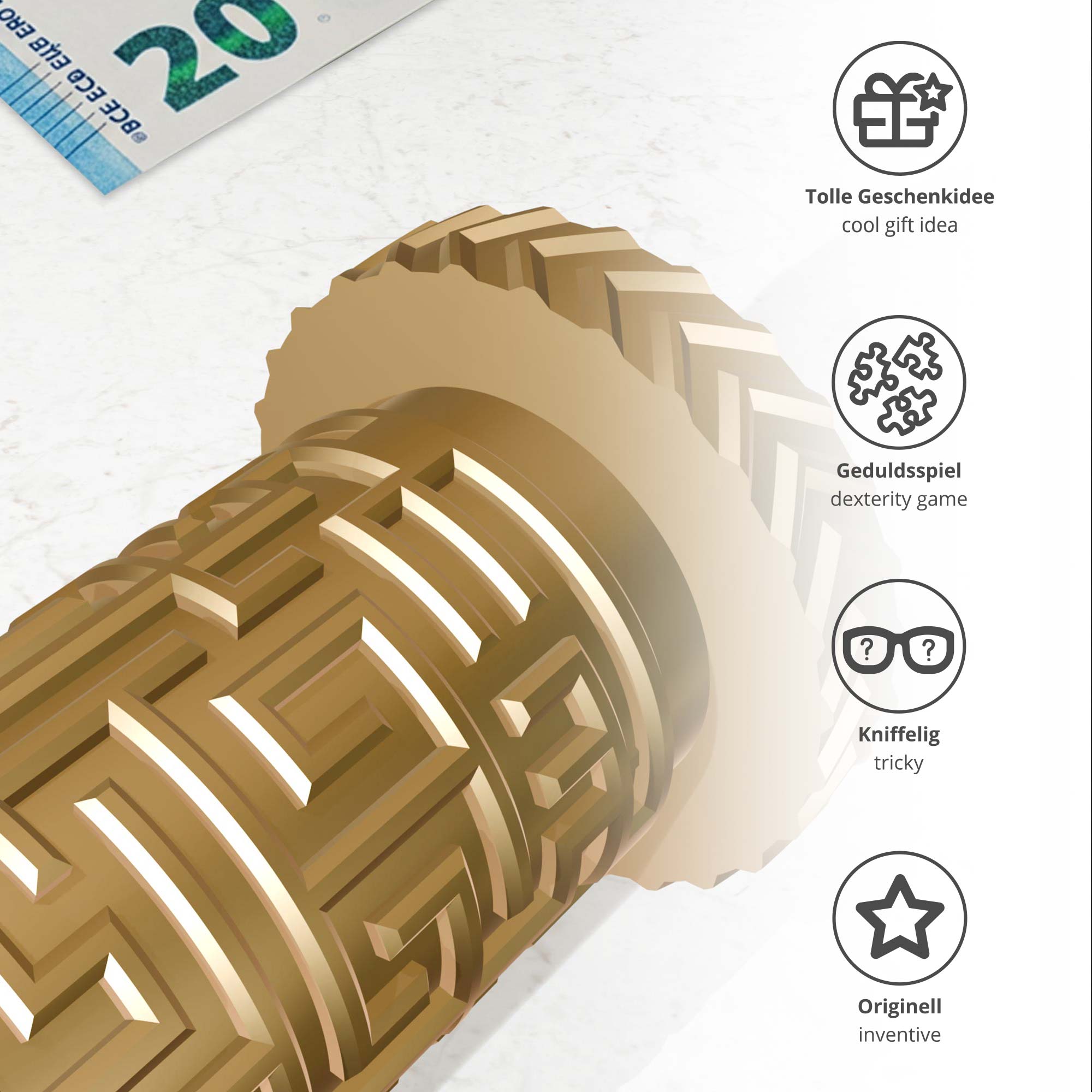 Labyrinthbox Röhre – Kniffelige Geschenkverpackung für Geld & Gutscheine - Gold
