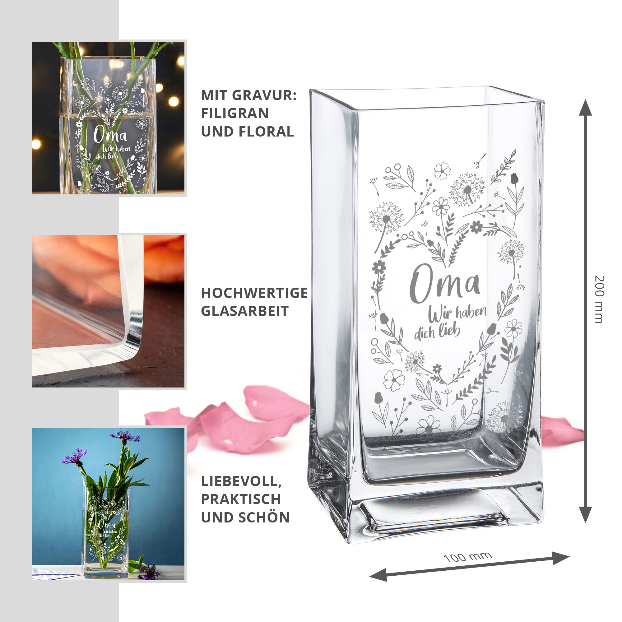 Eckige Vase - Blumenherz für Oma