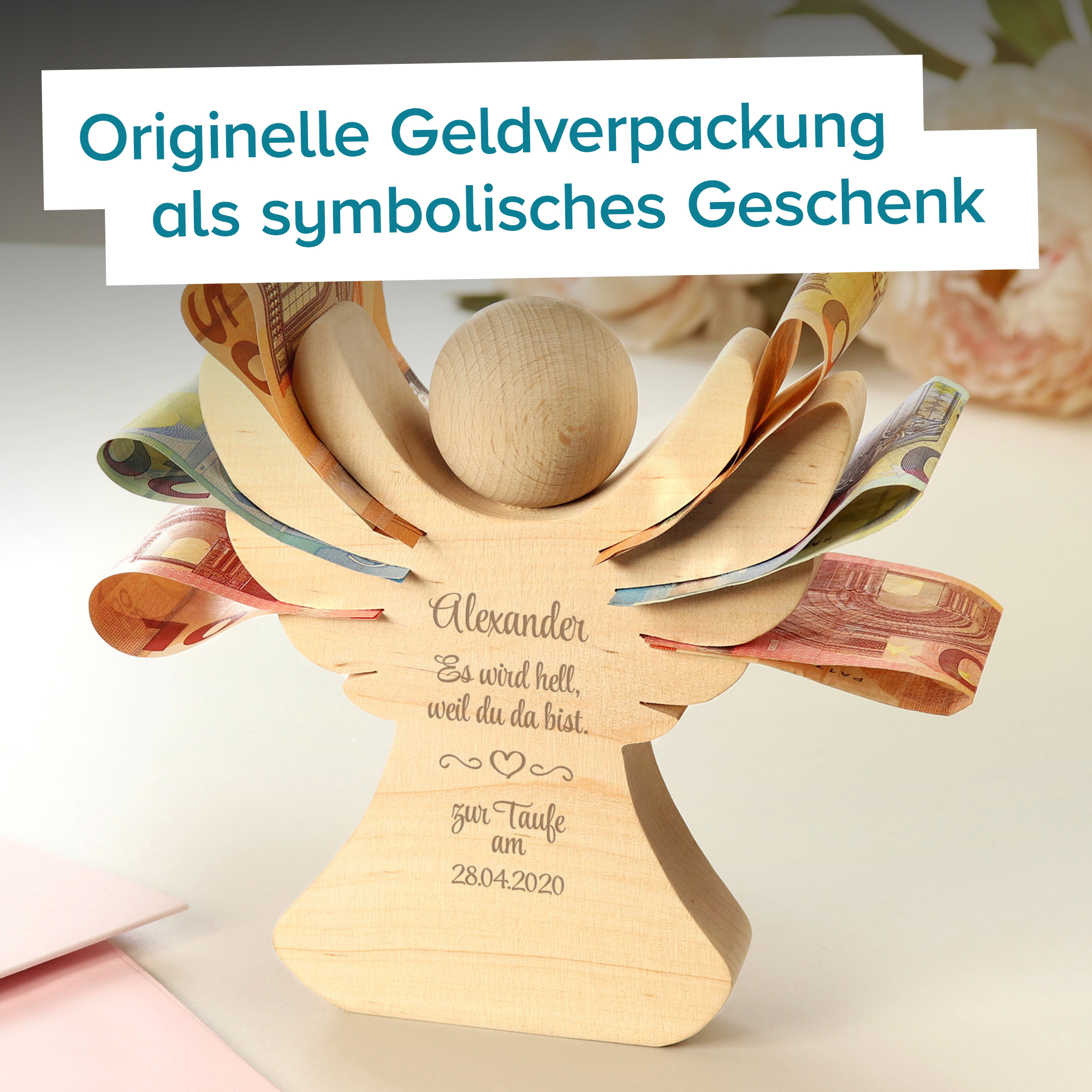 Holzengel mit Gravur zur Taufe 3474 - 1