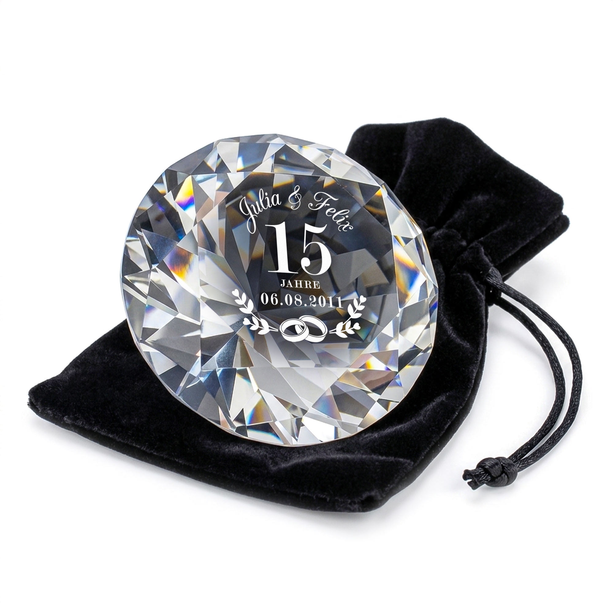 Diamant Kristall mit Gravur und Samtsäckchen - Kristallhochzeit