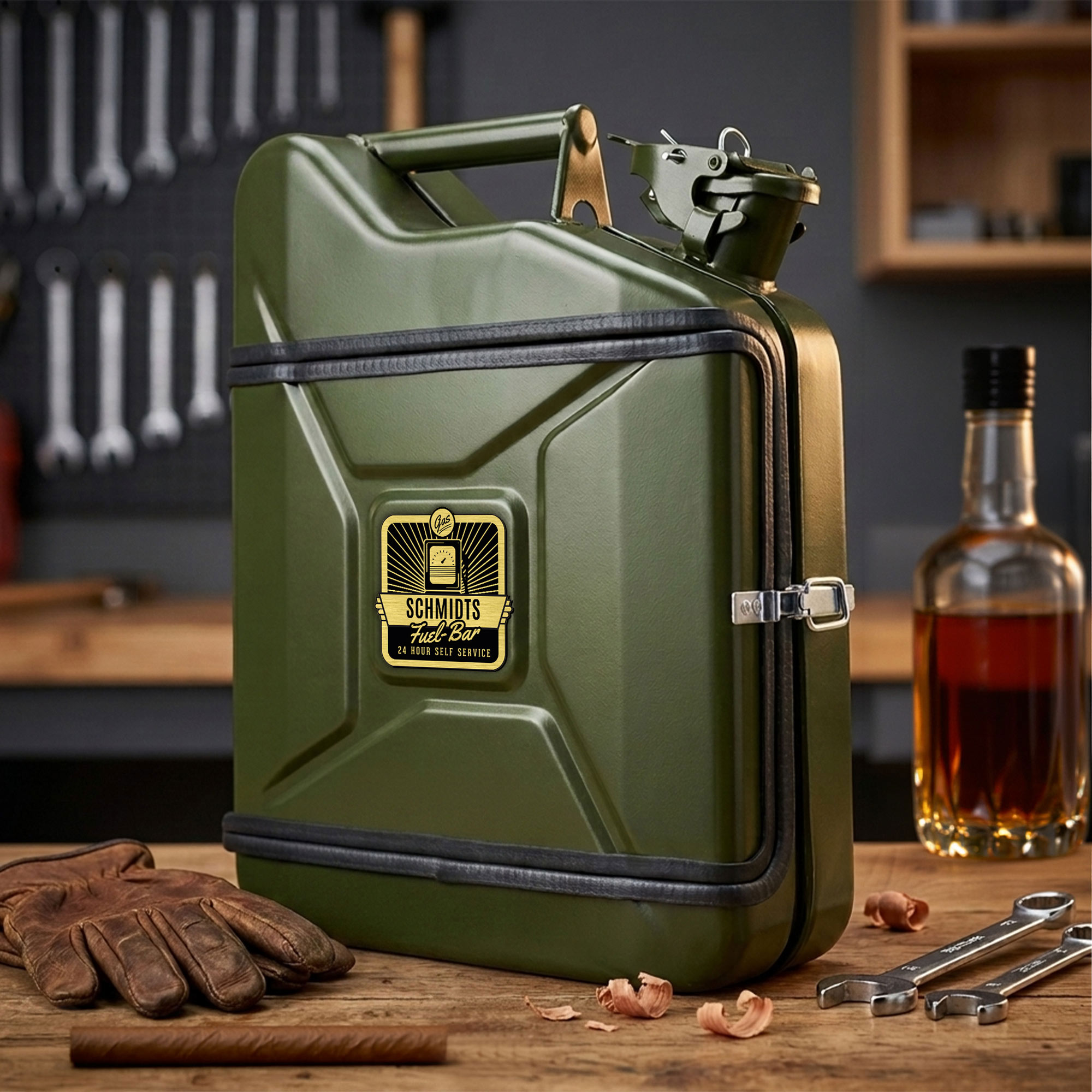 Personalisierte 10l Kanisterbar - grüne Mini Bar mit Barschrank 3-teilig Personalisierte 10l Kanisterbar - grüne Mini Bar mit Barschrank 3-teilig