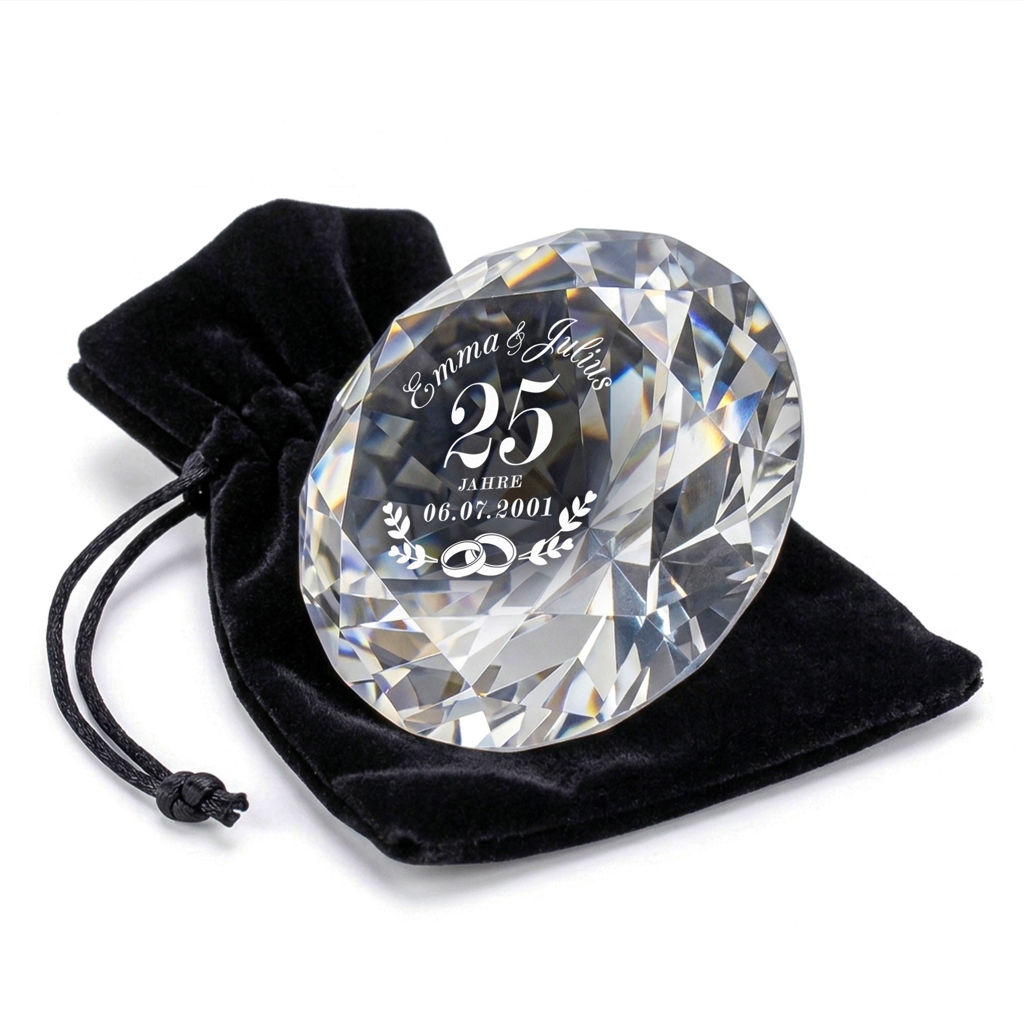 Diamant Kristall mit Gravur und Samtsäckchen - Silberhochzeit Diamant Kristall mit Gravur und Samtsäckchen - Silberhochzeit