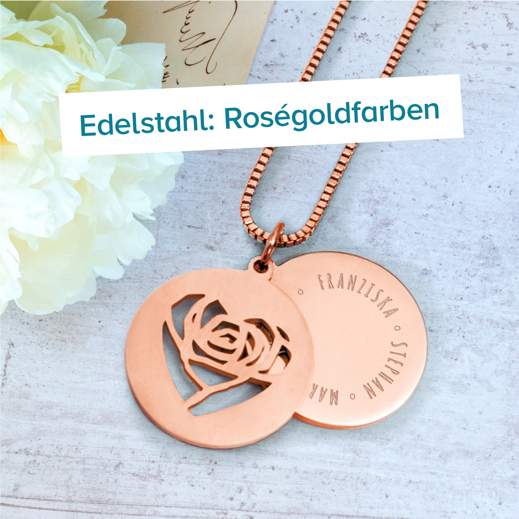 Runder Kettenanhänger Rosegold - Rosenherz und Namen 4057 - 7