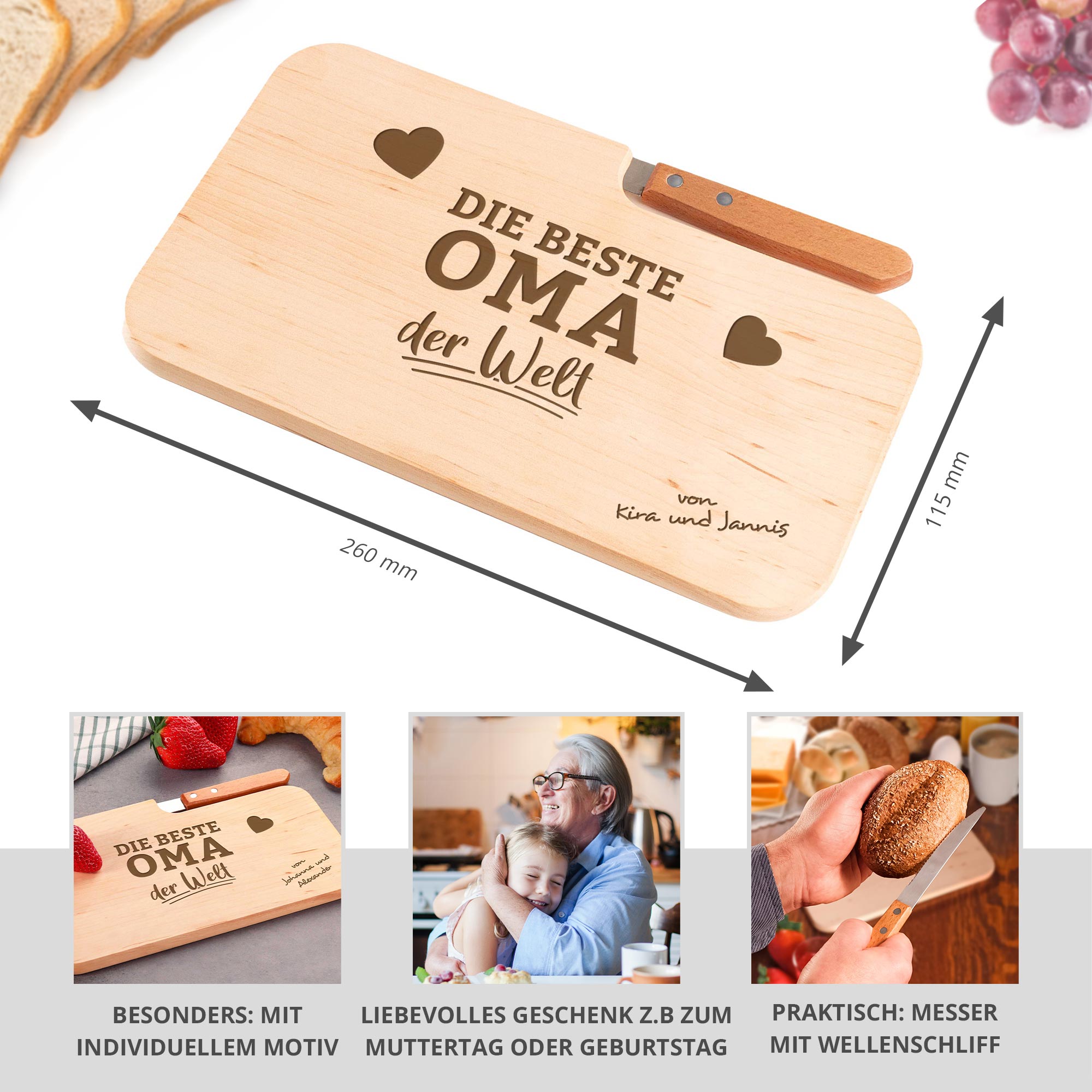 Frühstücksbrett mit Messer für Beste Oma - Name