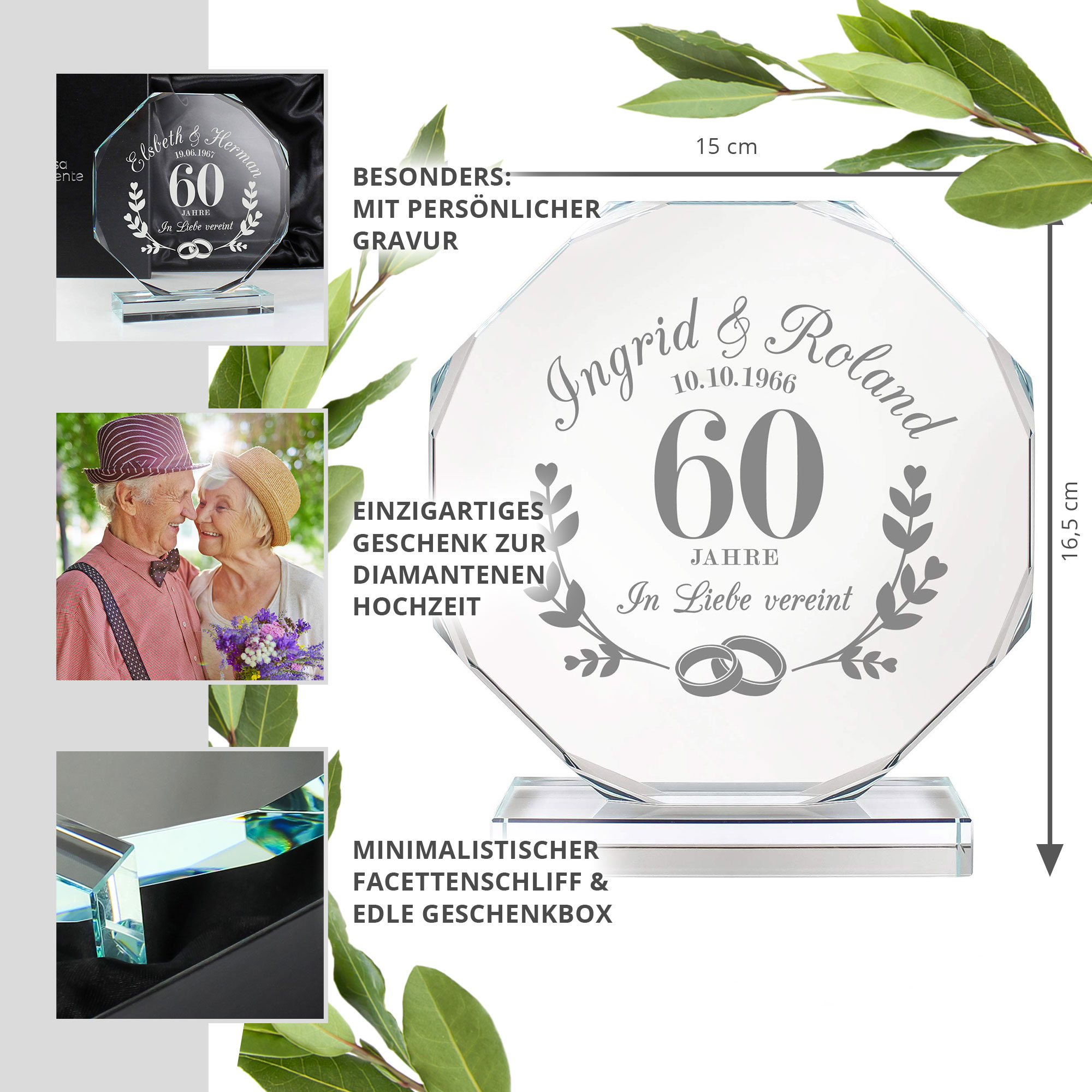 Personalisierter Glaspokal mit Facettenschliff zur Diamanthochzeit - 60 Jahre Personalisierter Glaspokal mit Facettenschliff zur Diamanthochzeit - 60 Jahre