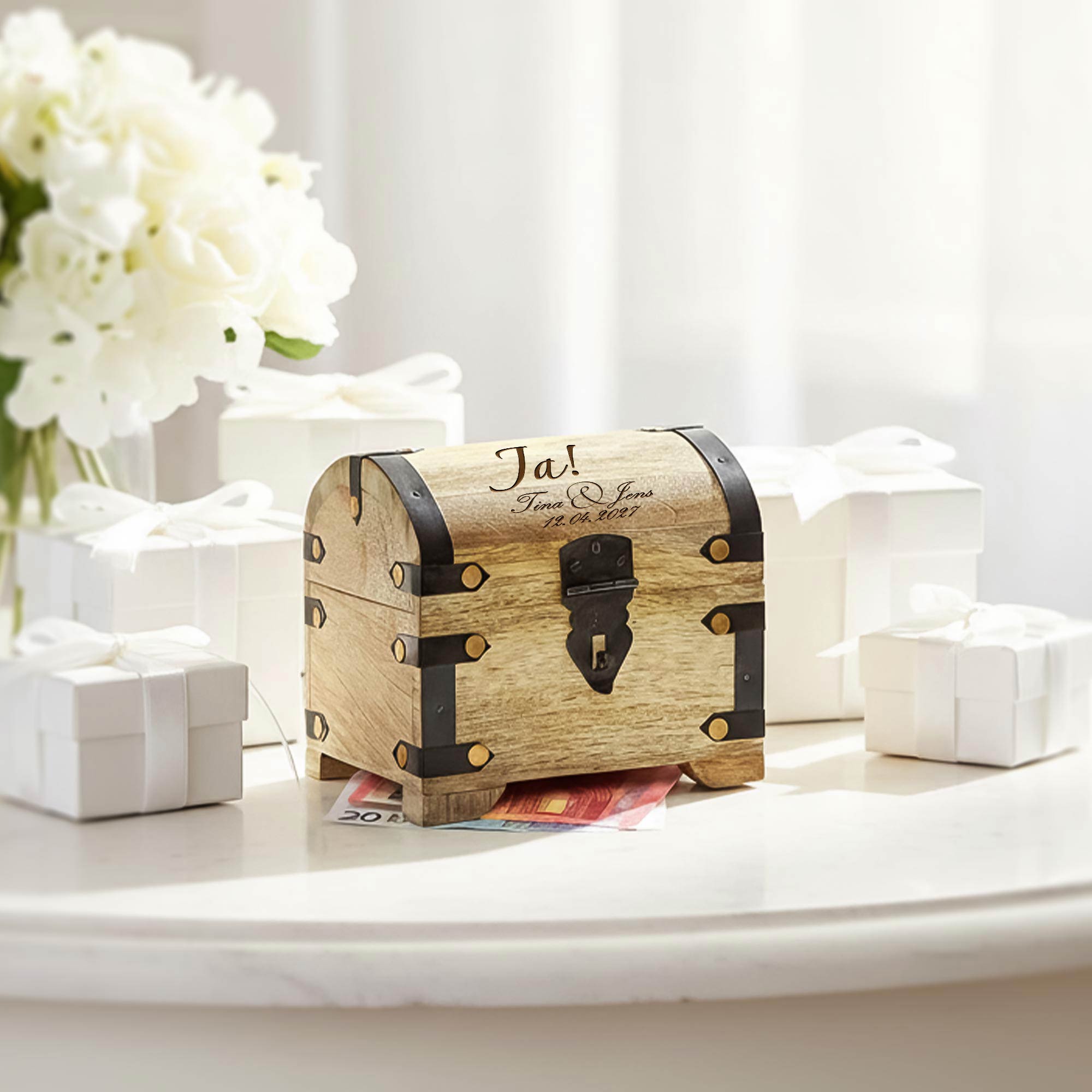 Geld Schatztruhe zur Hochzeit - Jawort Gravur