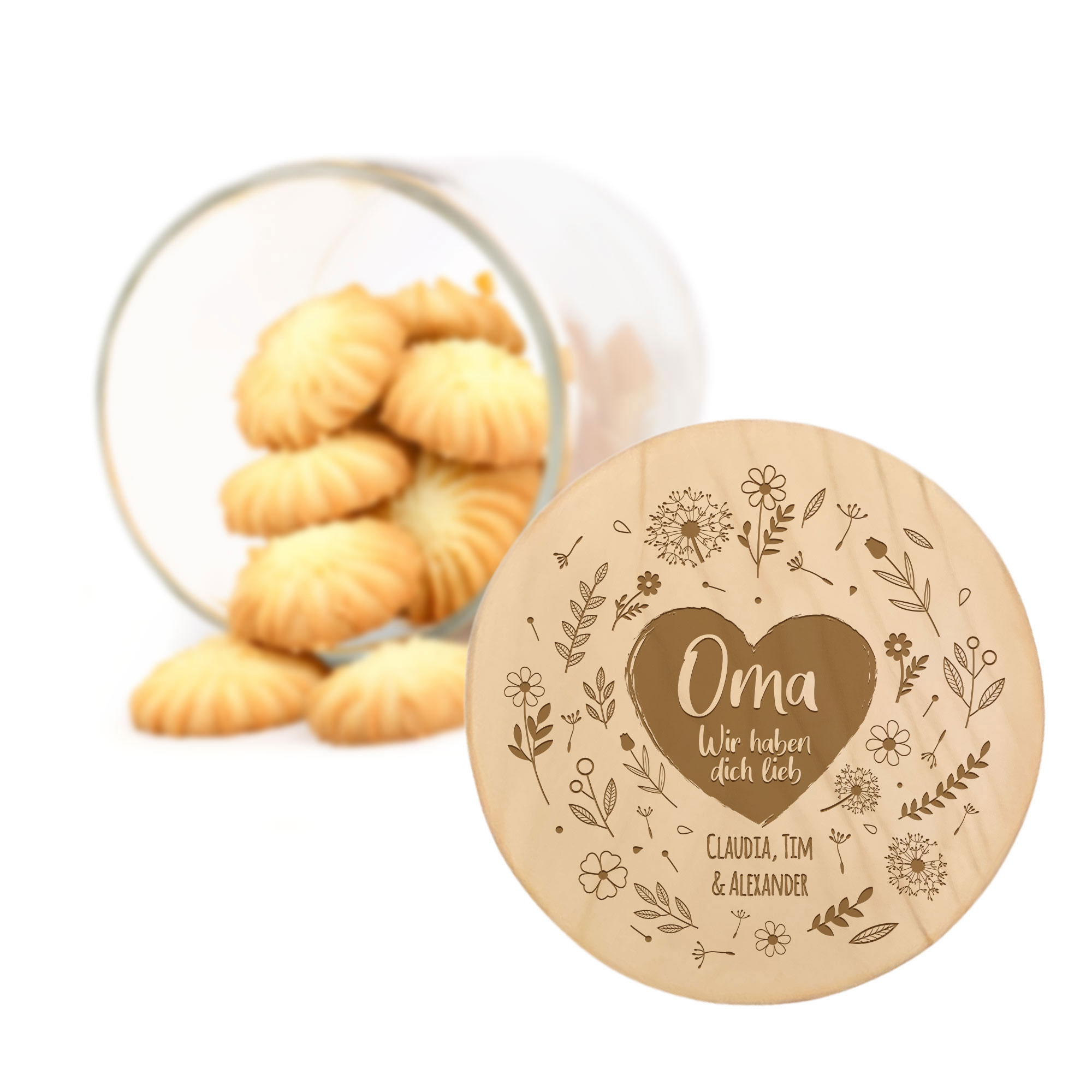 Vorratsglas mit Gravur - Blumenherz für Oma