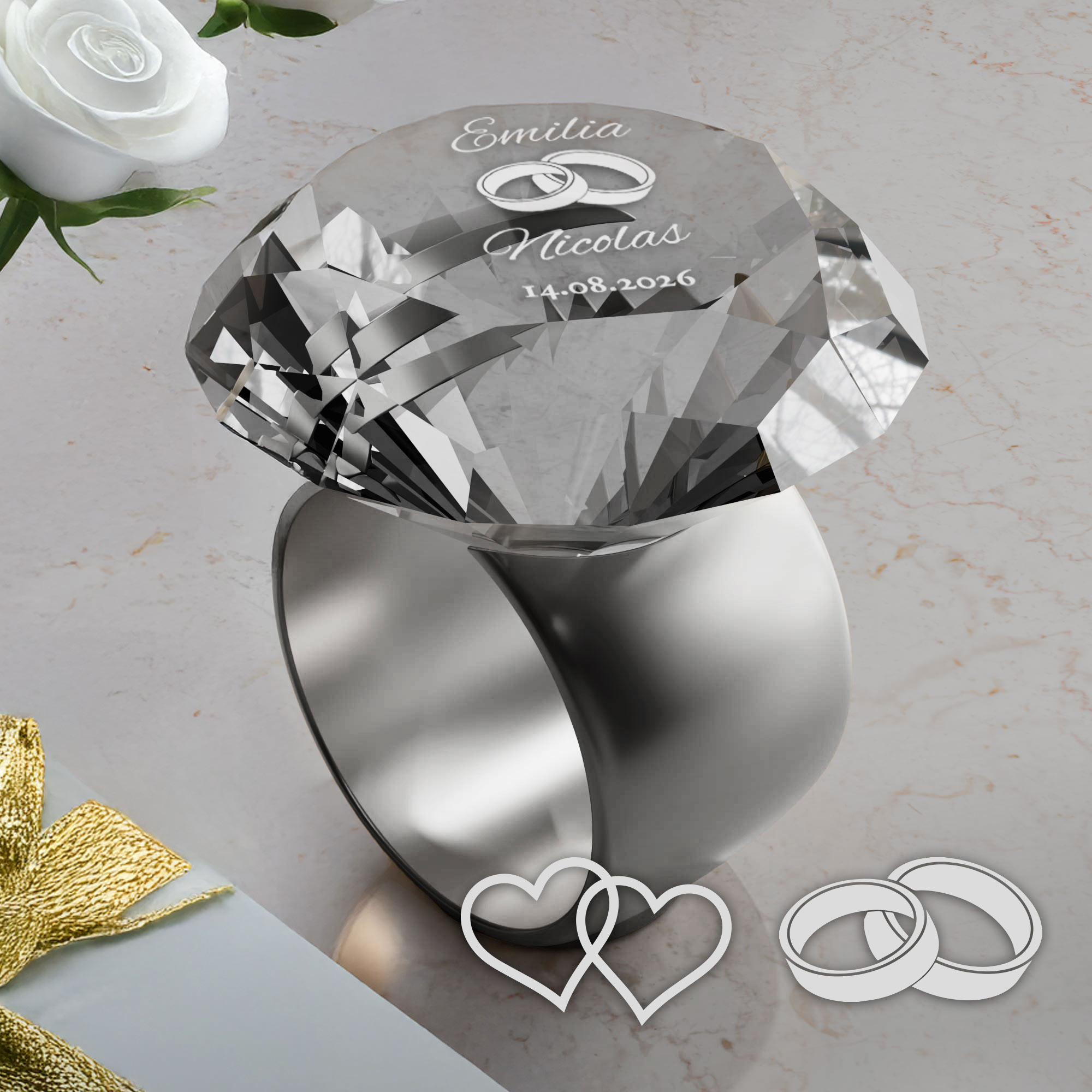 Diamant Kristall mit Gravur zur Hochzeit und Ring Displayständer Silber