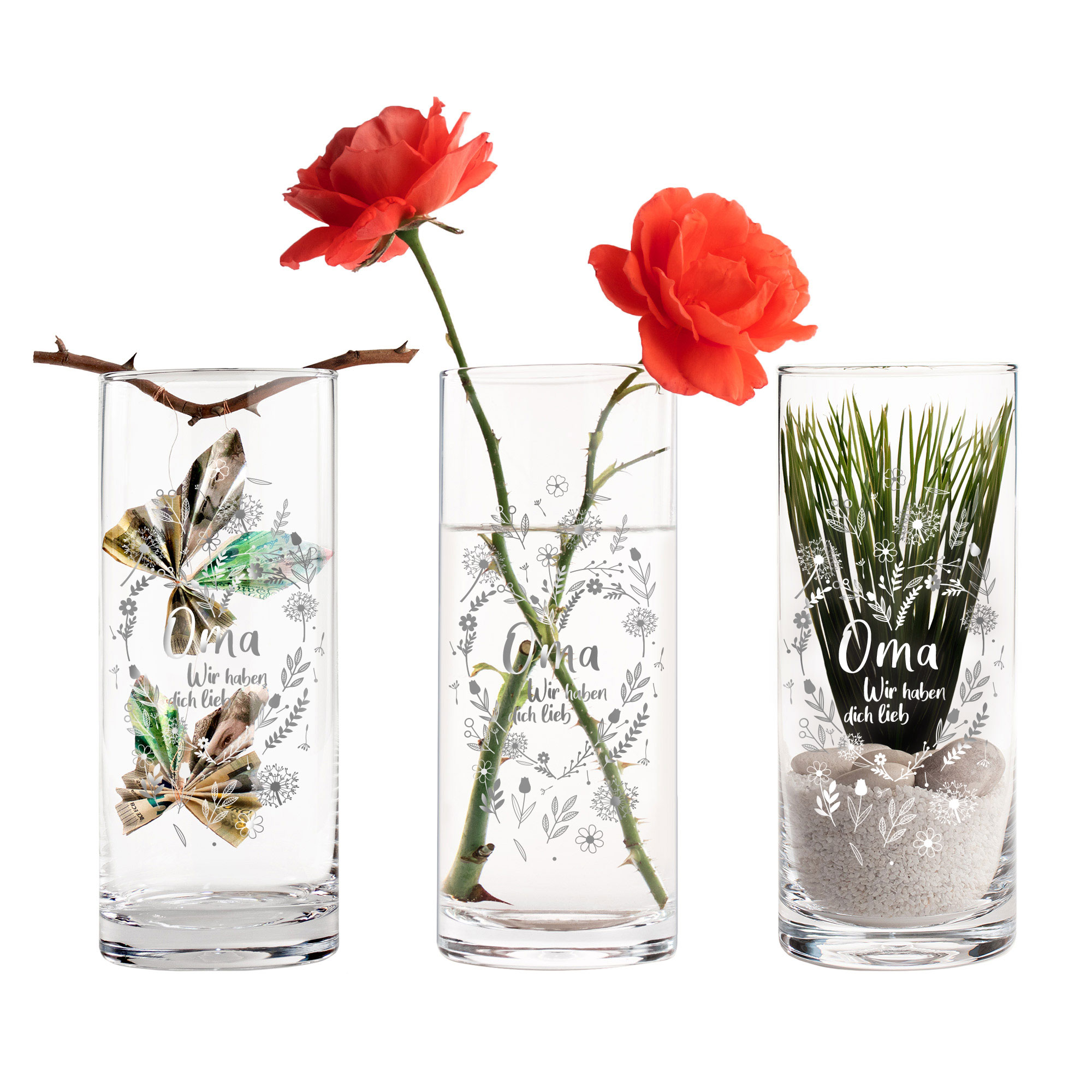 Runde Vase mit Gravur - Blumenherz Oma