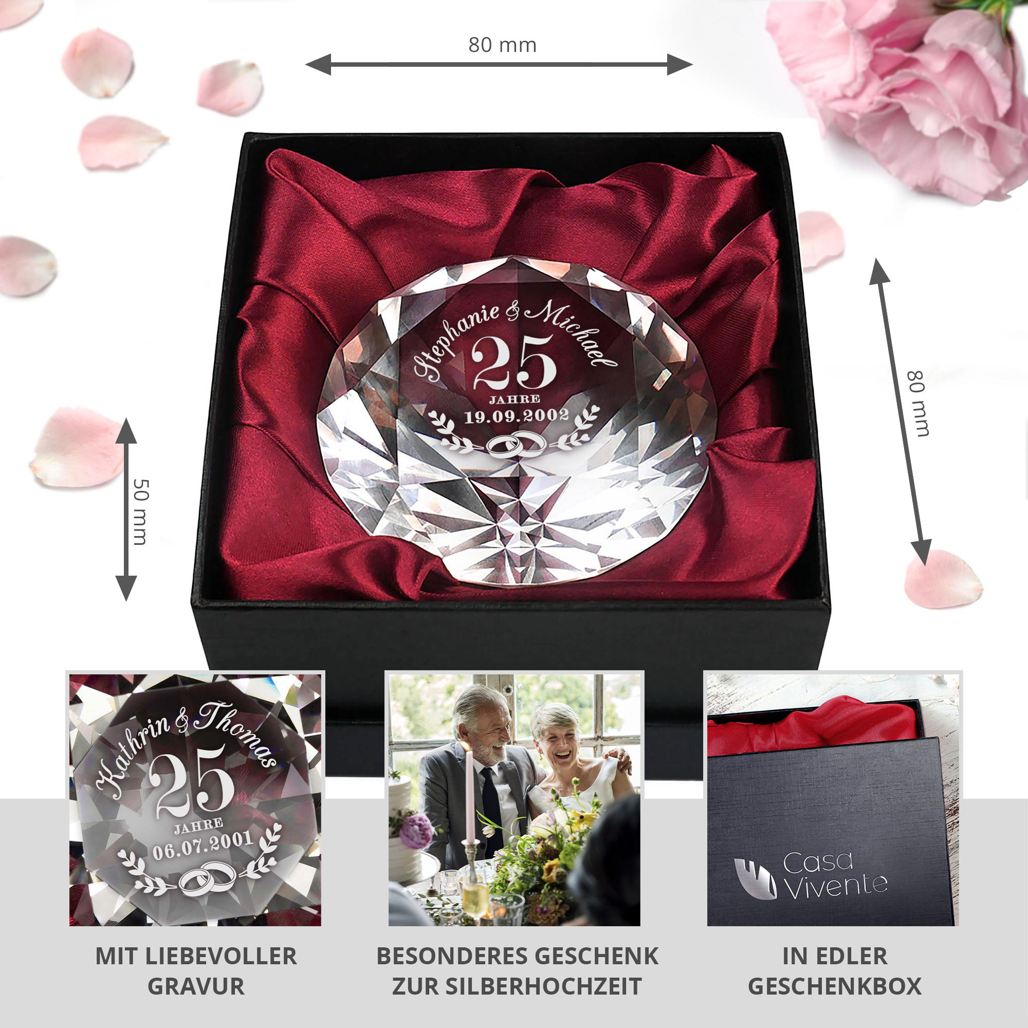 Diamant Kristall mit Gravur zur Silberhochzeit