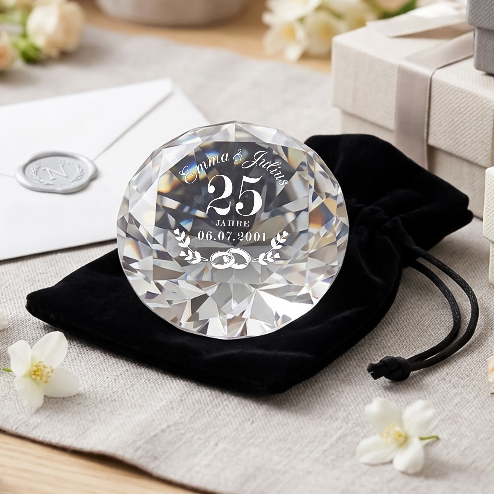 Diamant Kristall mit Gravur und Samtsäckchen - Silberhochzeit