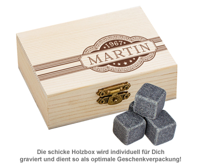 Whisky Steine in Holzkiste mit Gravur - Banderole 3271 - 3