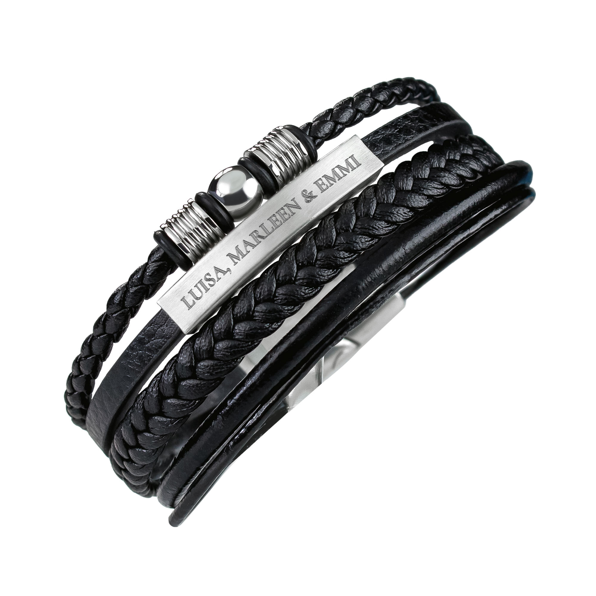 Geflochtenes Lederarmband mit Beads Silber - mit Gravur Geflochtenes Lederarmband mit Beads Silber - mit Gravur