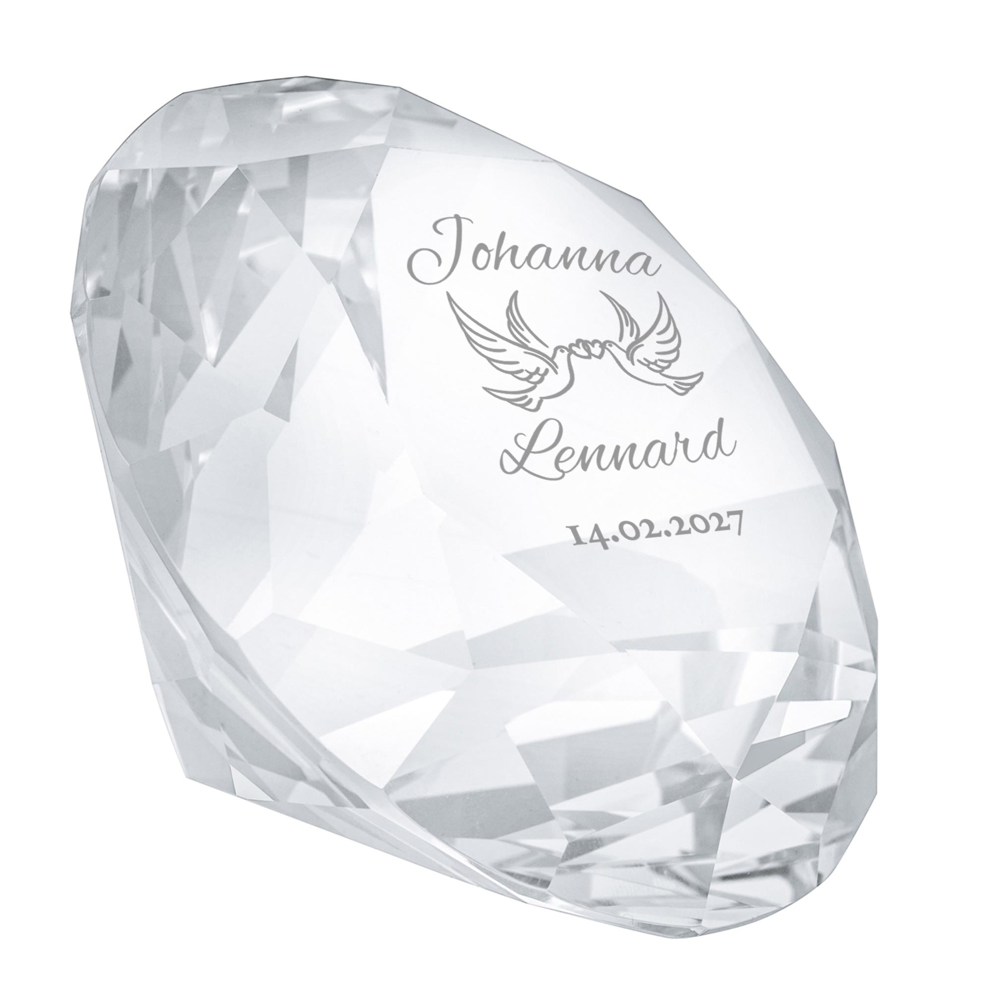 Diamant Kristall mit Liebestauben Gravur und Ring Displayständer Silber