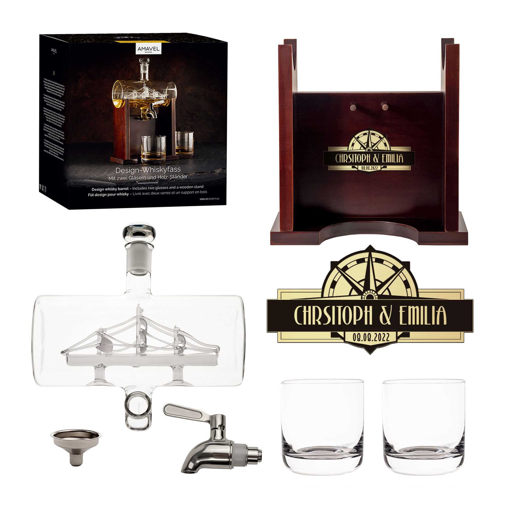 Whisky Set mit Gravur - Fass Karaffe mit 2 Gläsern