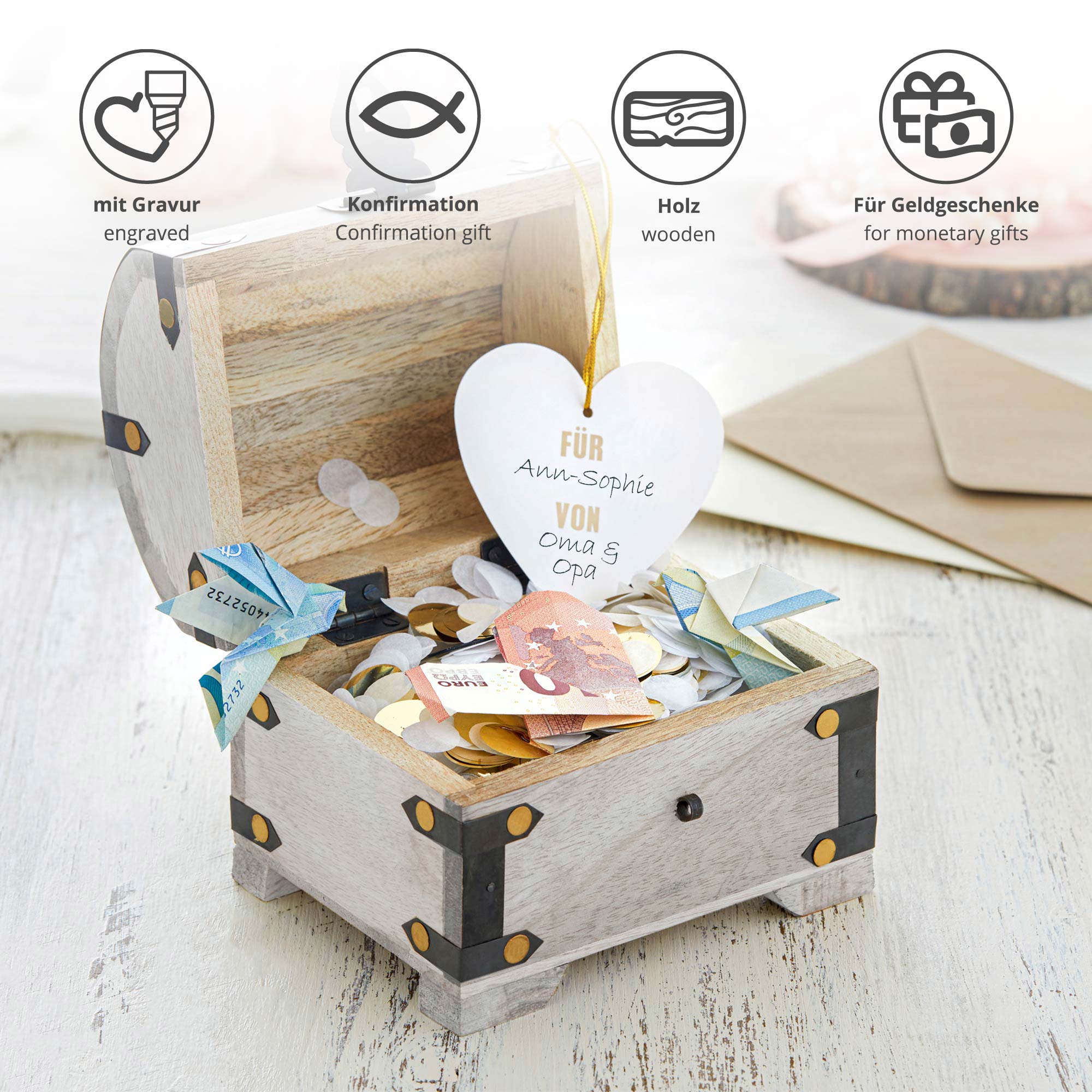 Geld Schatztruhe zur Konfirmation Engel - Weiß