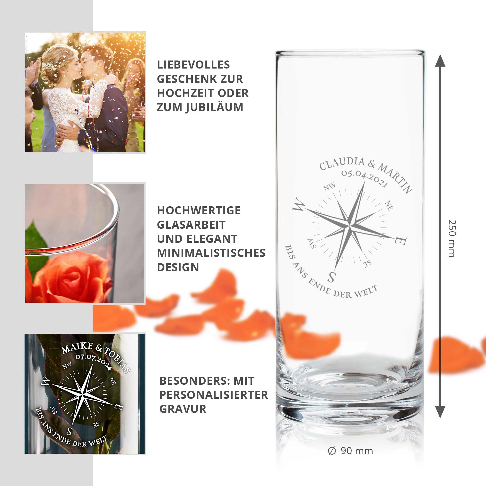 Runde Vase mit Gravur - Liebeskompass