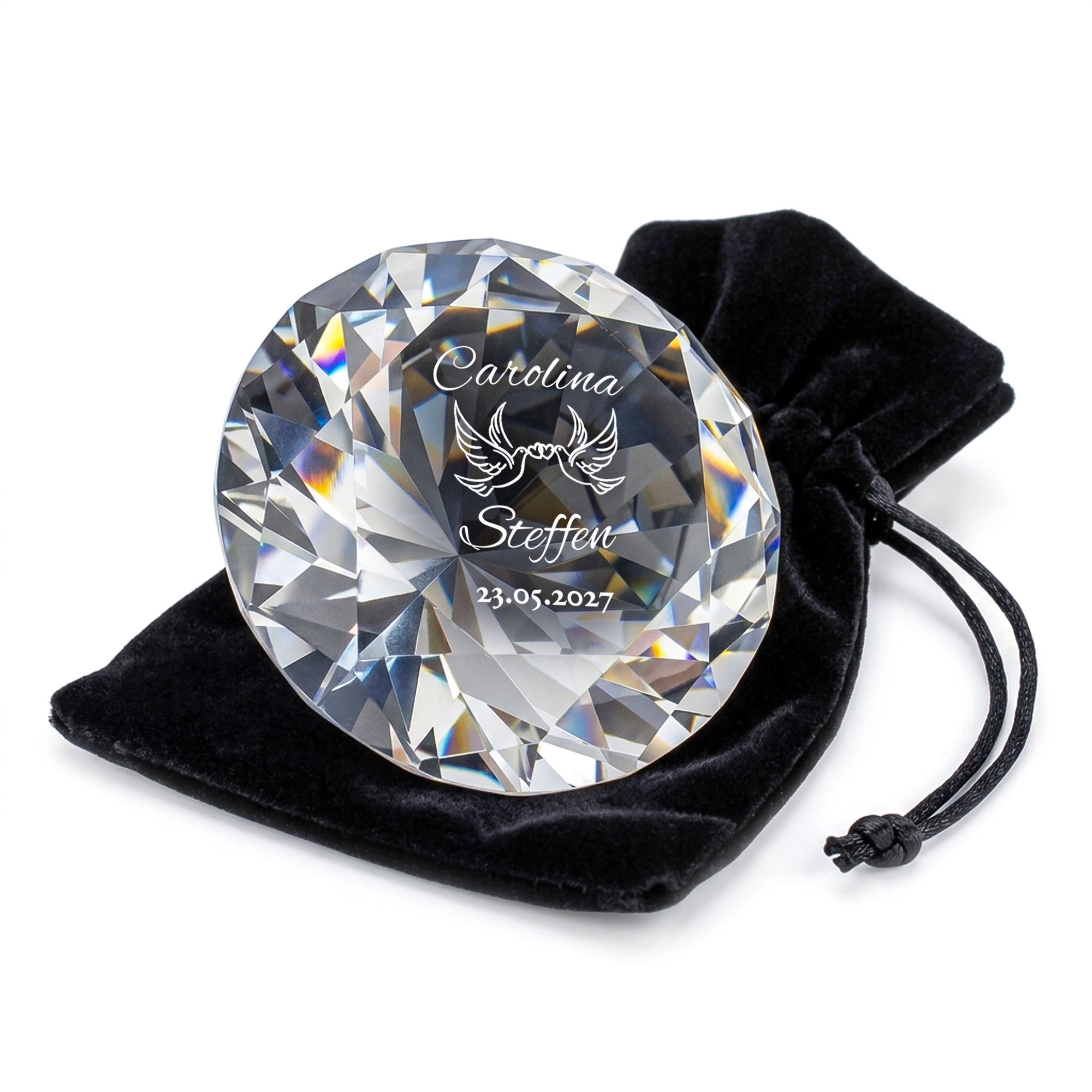Diamant Kristall mit Gravur und Samtsäckchen - Liebestauben