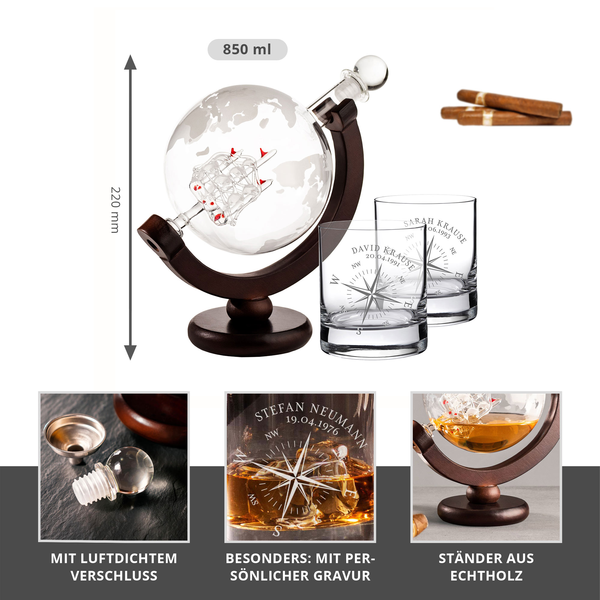 Set mit Globus Karaffe und 2 Whiskygläsern - Kompass Gravur 4134 - 1