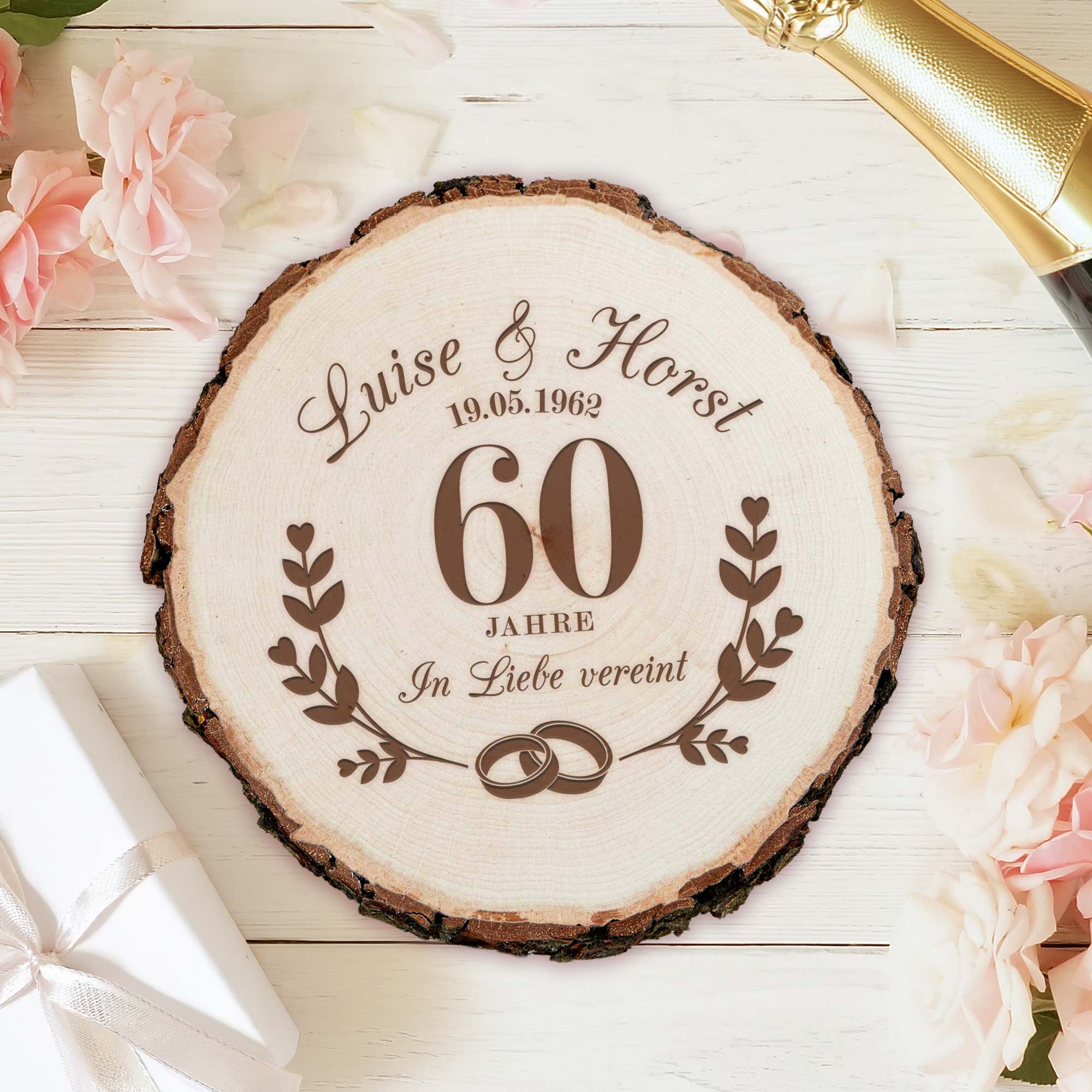 Baumscheibe mit Gravur zur Diamantenen Hochzeit