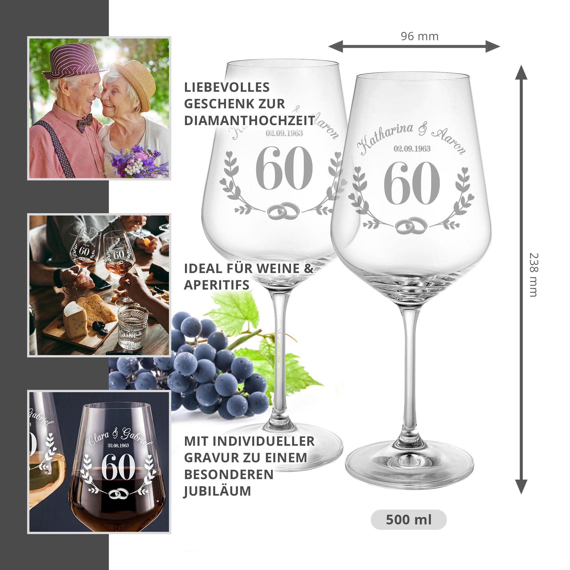 2er Set Weingläser - Diamant Hochzeit - Personalisiert