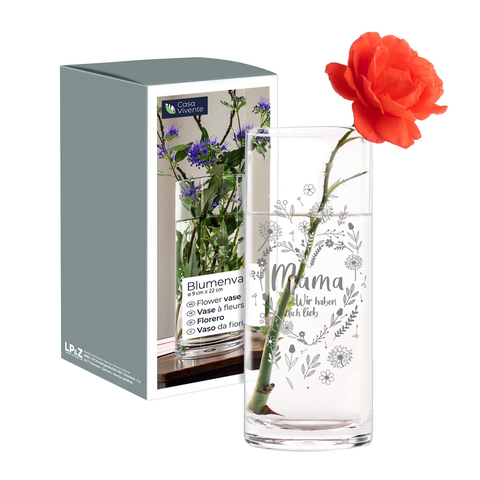 Runde Vase mit Gravur - Blumenherz Mama