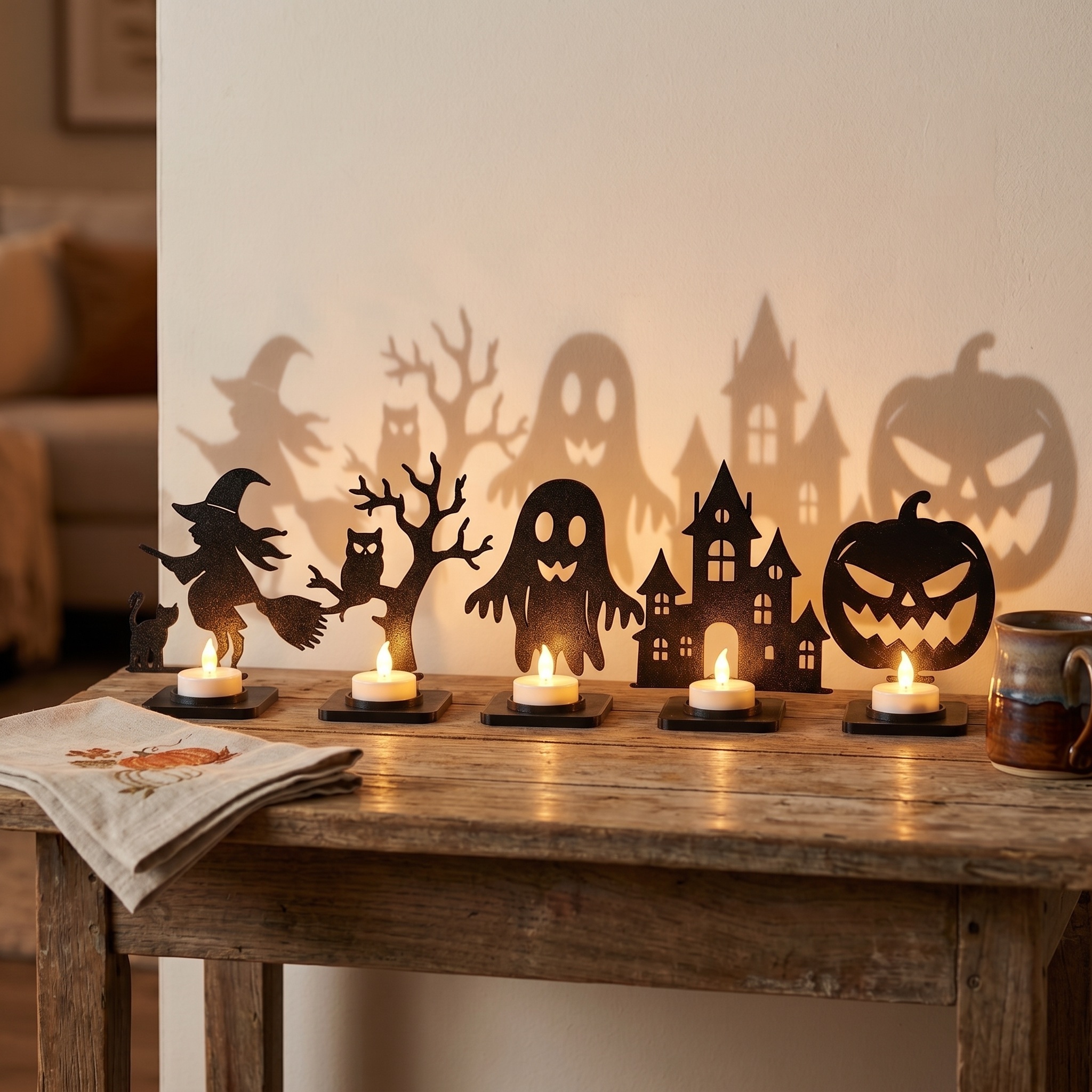 Halloween-Teelichthalter Komplettset – 5 Schattenmotive