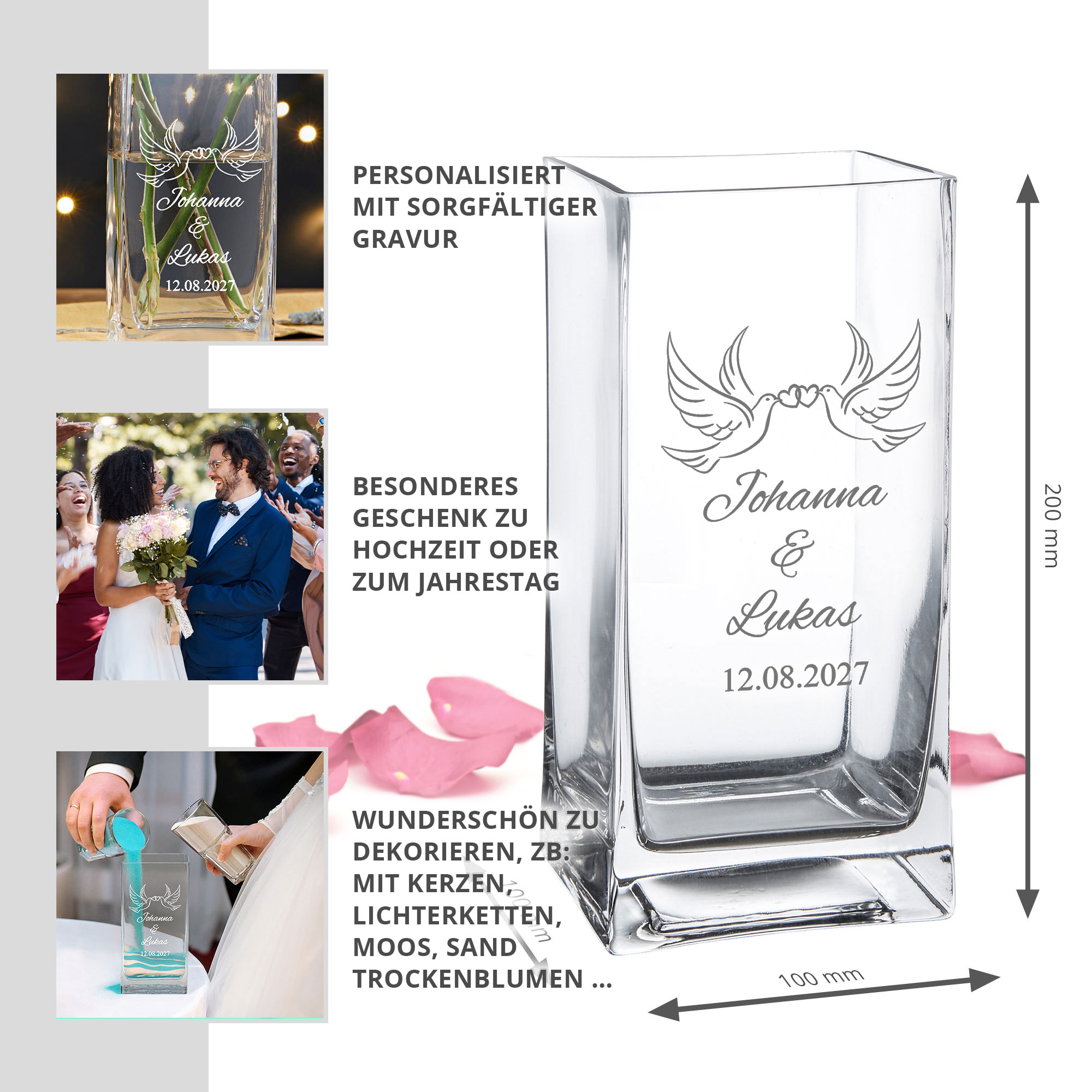 Vase Liebestauben - personalisiert