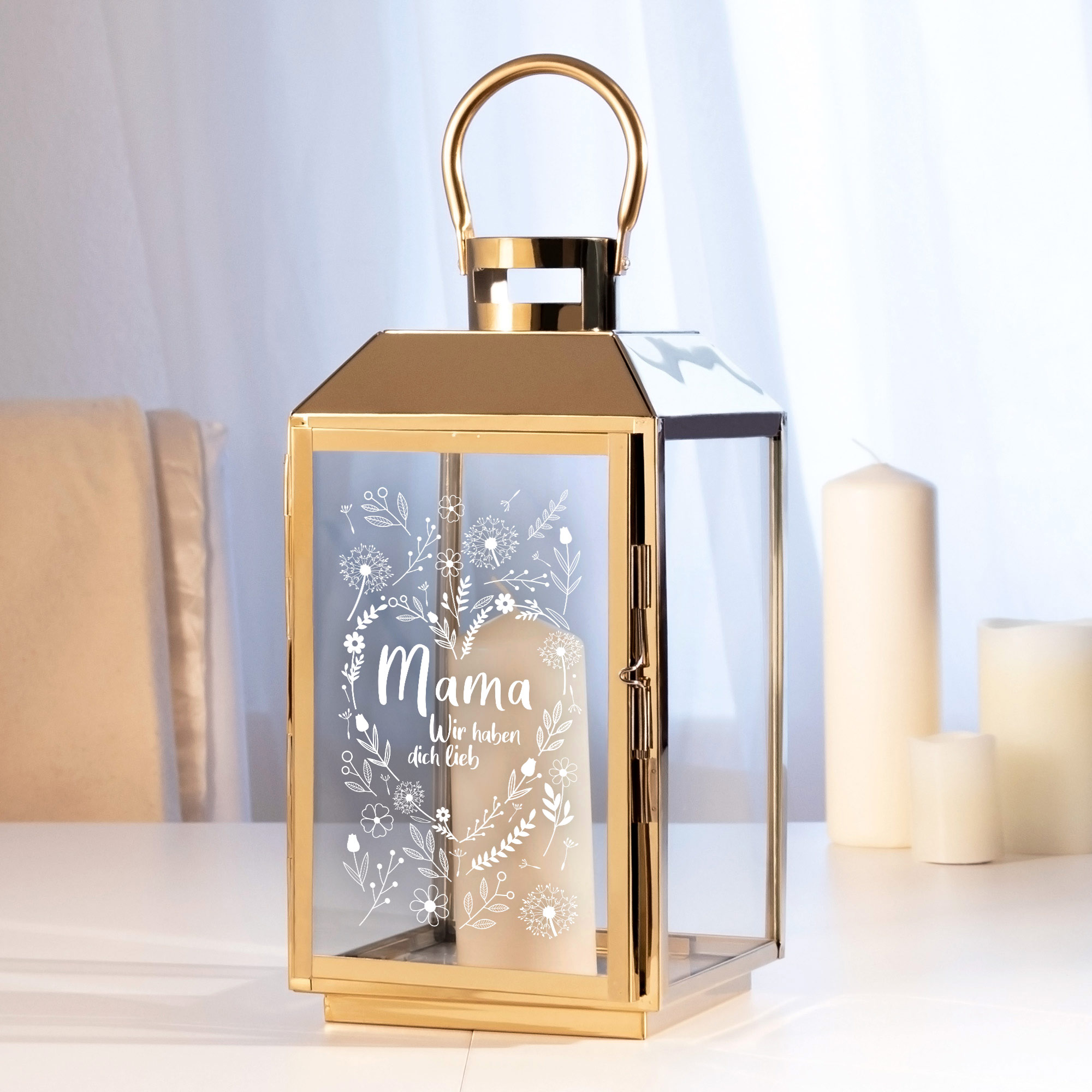 Gold Laterne mit Gravur - Blumenherz für Mama 0003-0004-DE-0002