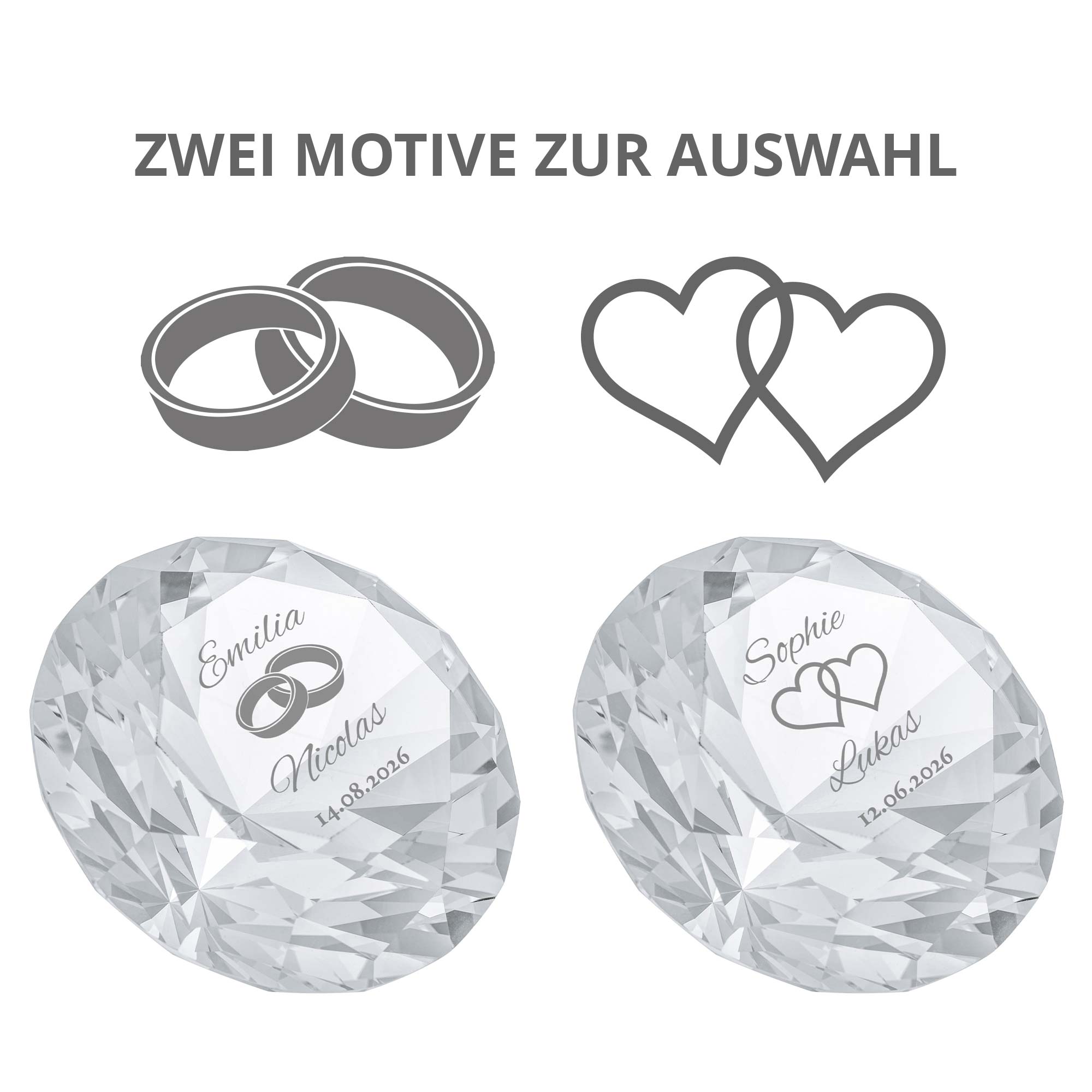 Diamant Kristall mit Gravur zur Hochzeit und Ring Displayständer