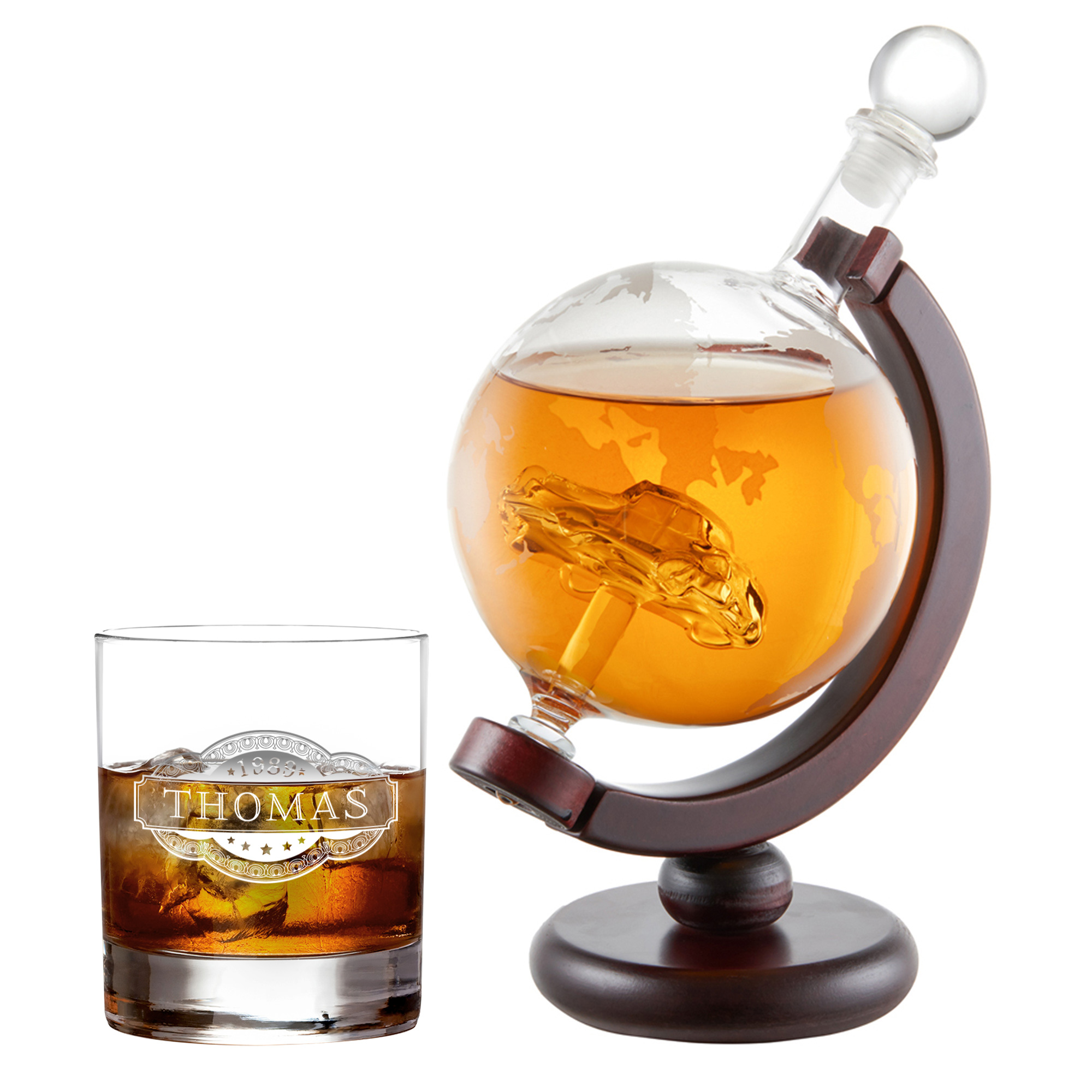 Whiskyset Globus Karaffe Auto und Whiskyglas mit Gravur - Banderole Whiskyset Globus Karaffe Auto und Whiskyglas mit Gravur - Banderole