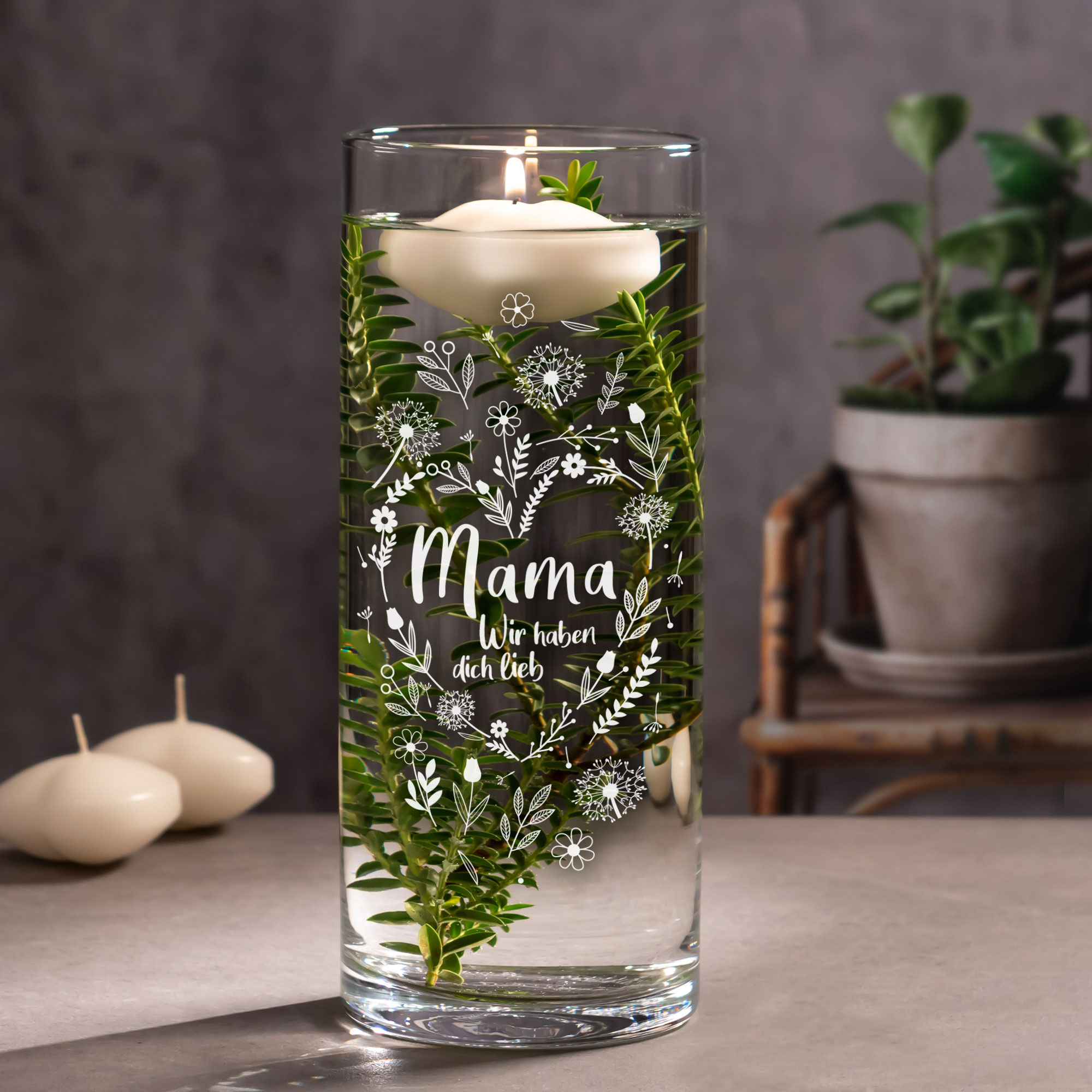 Runde Vase mit Gravur - Blumenherz Mama Runde Vase mit Gravur - Blumenherz Mama
