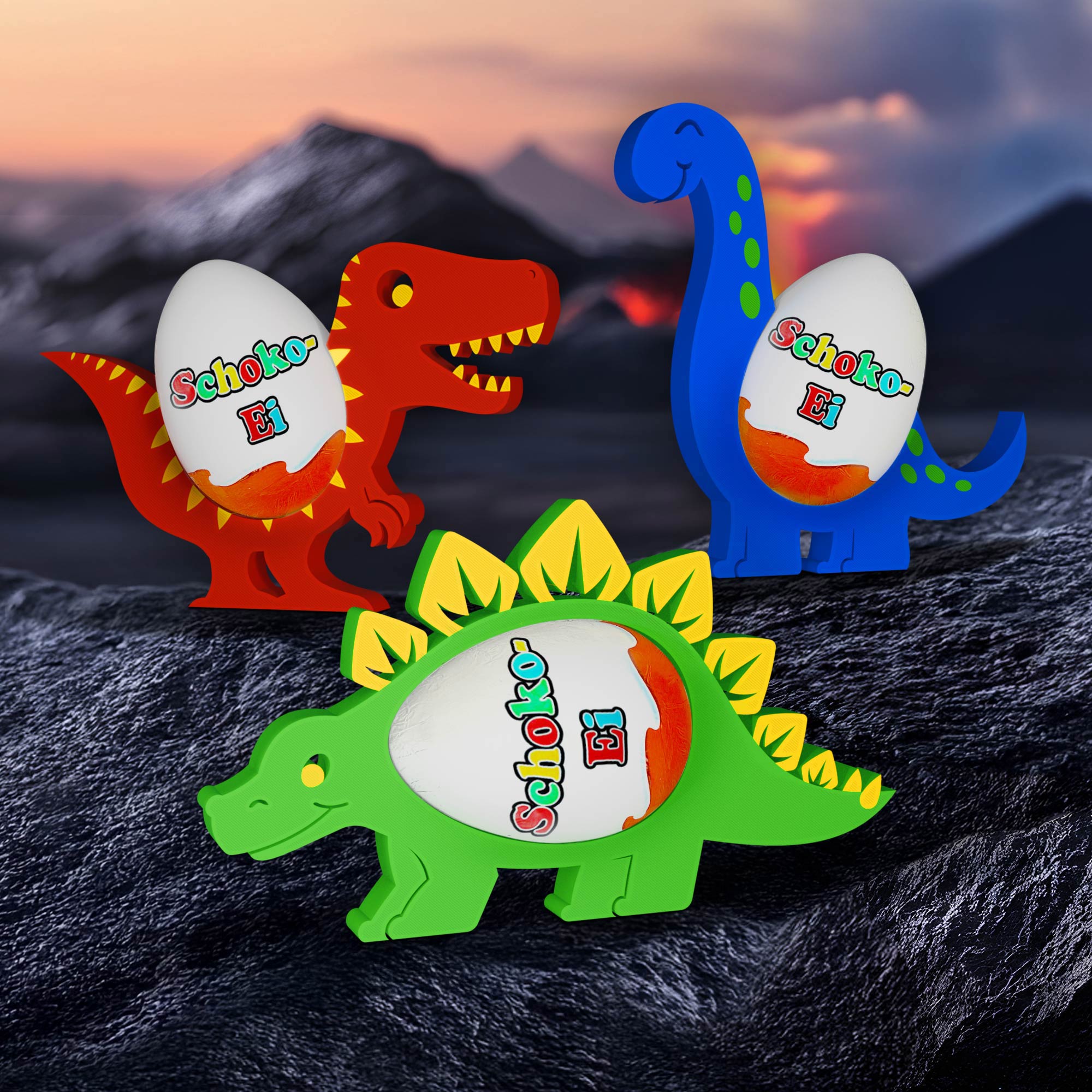 Dinosaurier Ü-Ei Halter Bunt - 3er Set Dinosaurier Ü-Ei Halter Bunt - 3er Set