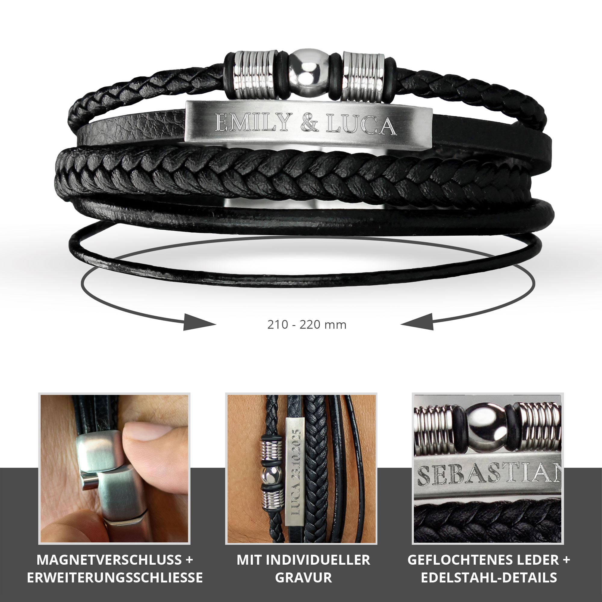 Geflochtenes Lederarmband mit Beads Silber - mit Gravur Geflochtenes Lederarmband mit Beads Silber - mit Gravur