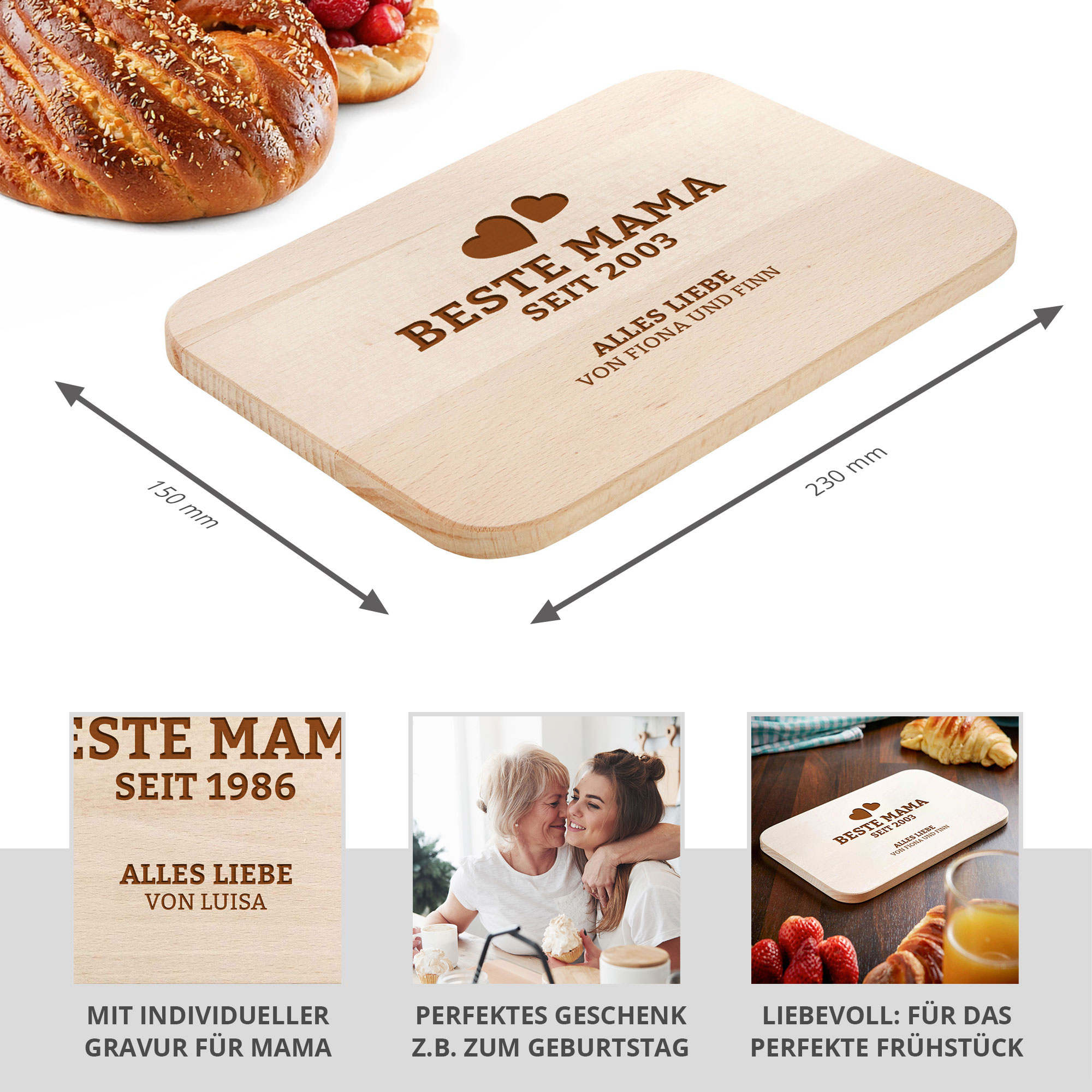 Graviertes Frühstücksbrettchen - Beste Mama von Herzen Graviertes Frühstücksbrettchen - Beste Mama von Herzen