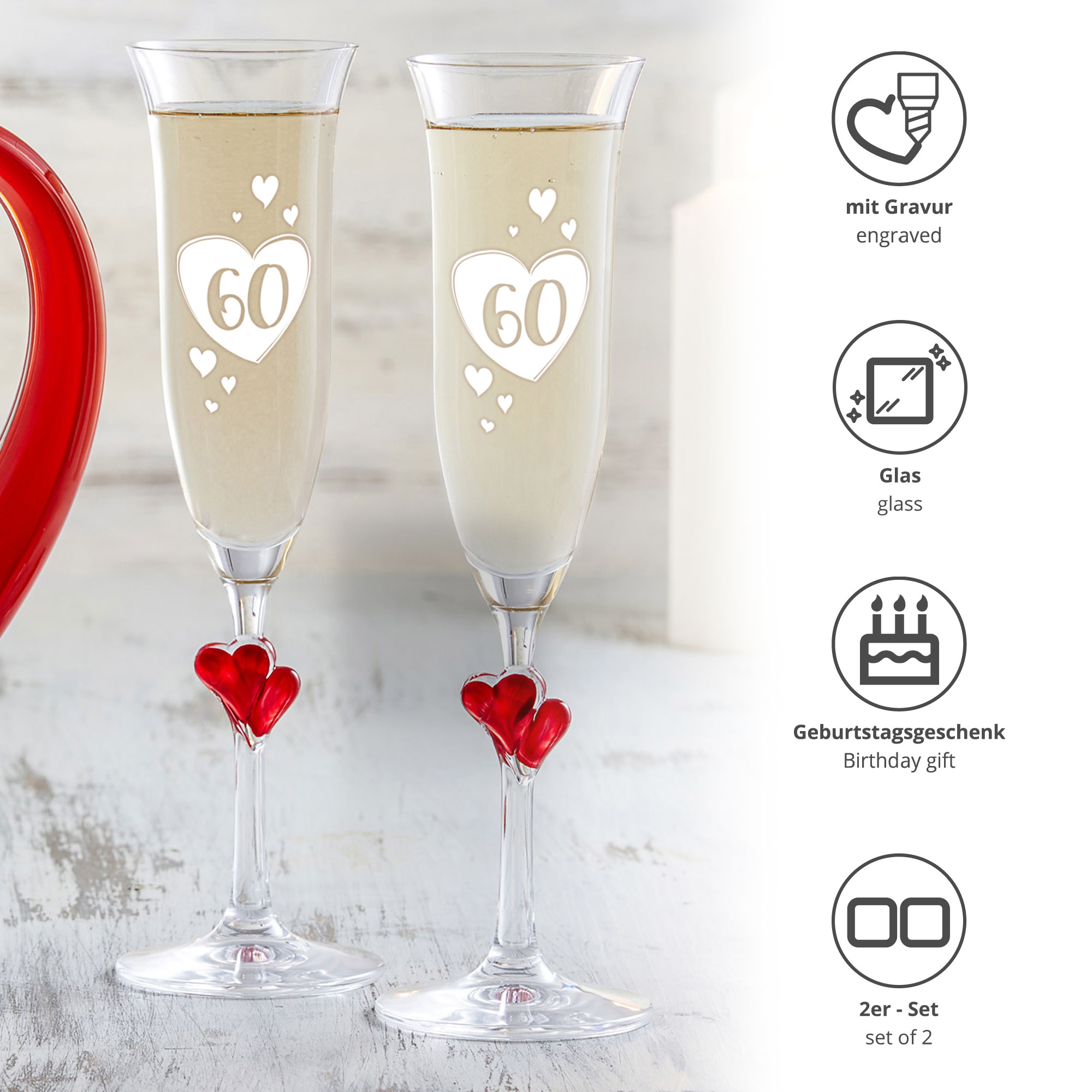 2er Set - Sektglas - Rote Herzen - 18. Geburtstag - Standard