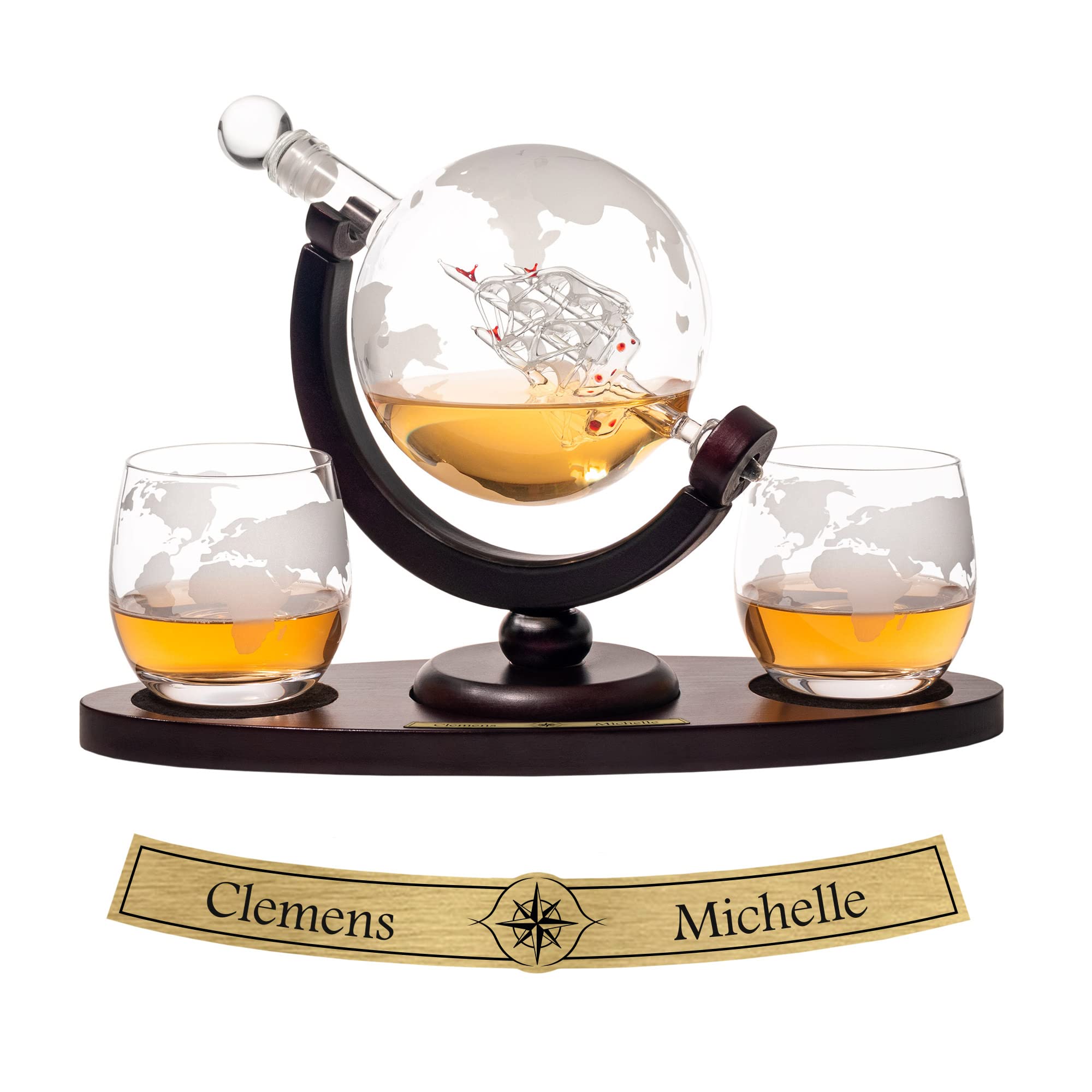 Bourbon mit 2 Gläsern Bingdong Karaffe Globus mit Gravur Kugel Glas für Likör Whiskey 