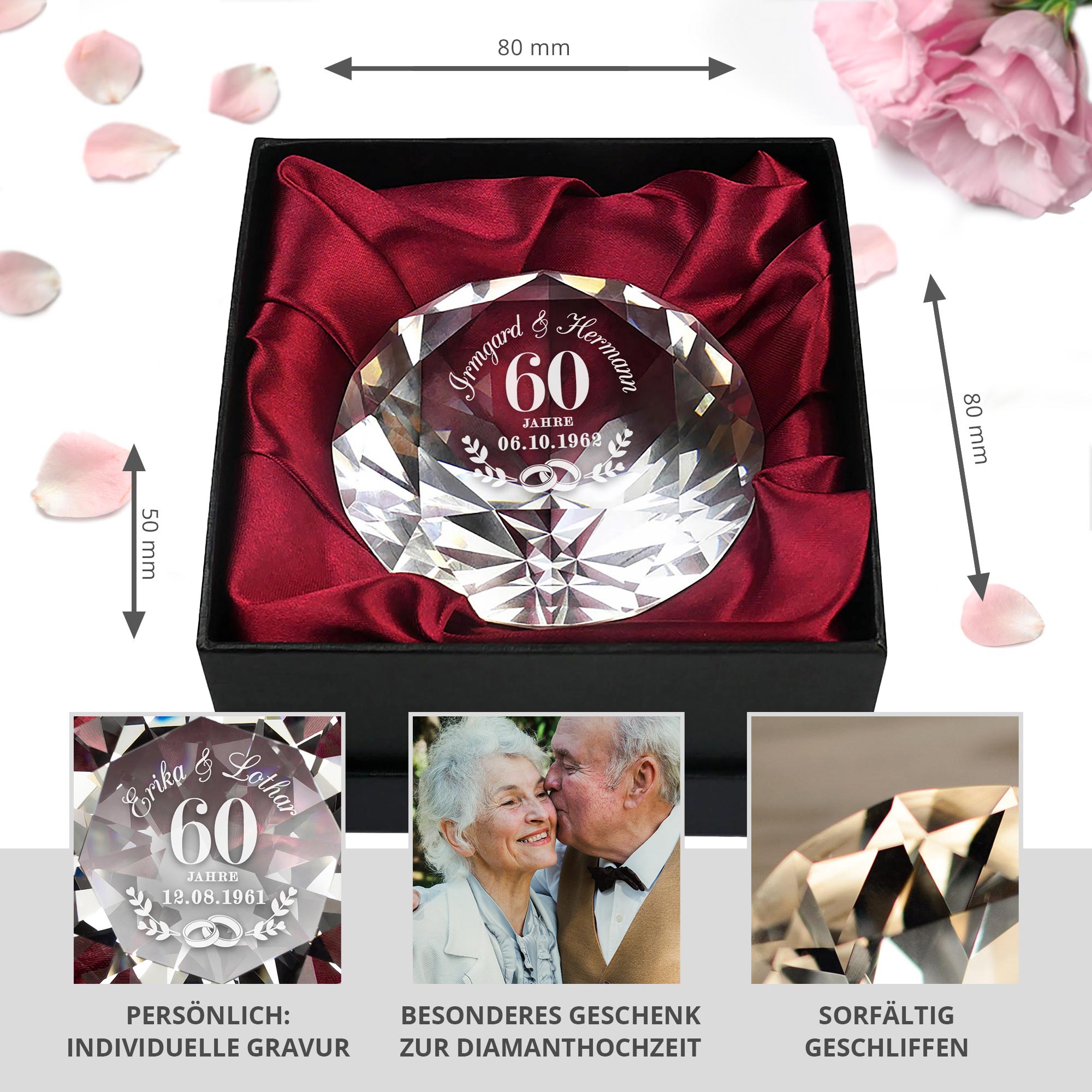 Diamant Kristall mit Gravur zur diamantenen Hochzeit Diamant Kristall mit Gravur zur diamantenen Hochzeit