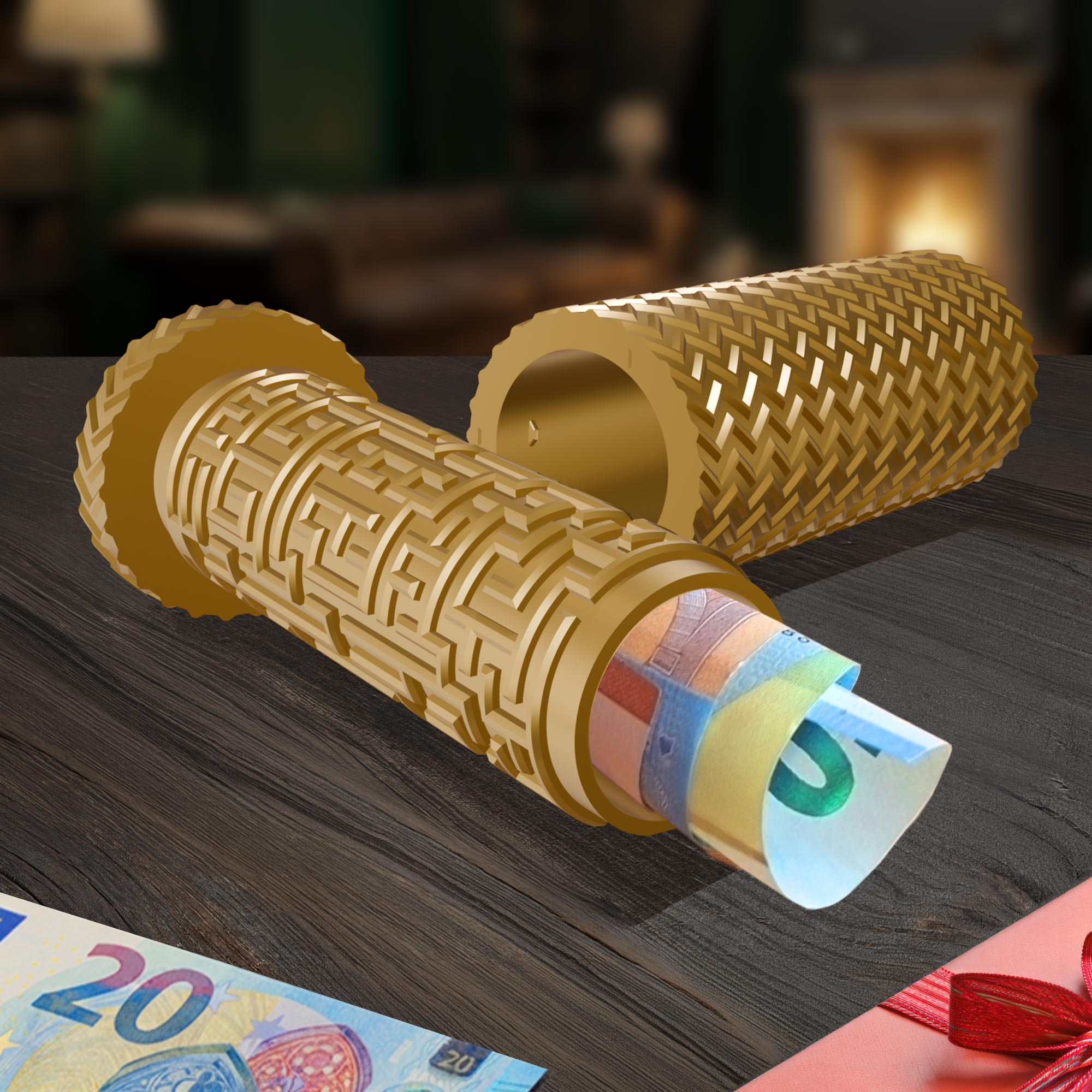 Labyrinthbox Röhre – Kniffelige Geschenkverpackung für Geld & Gutscheine - Gold