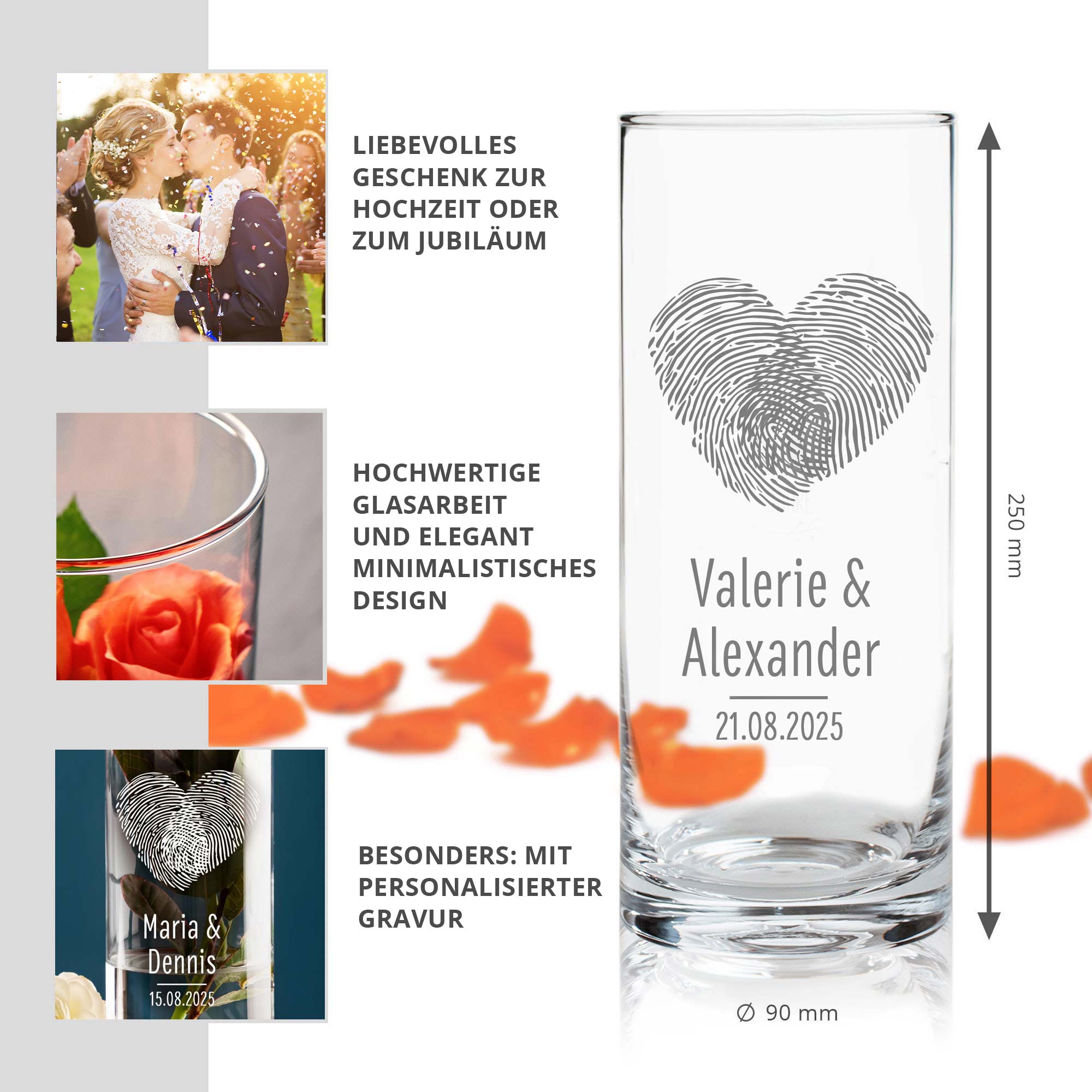 Runde Vase mit Gravur - Fingerabdruck Herz