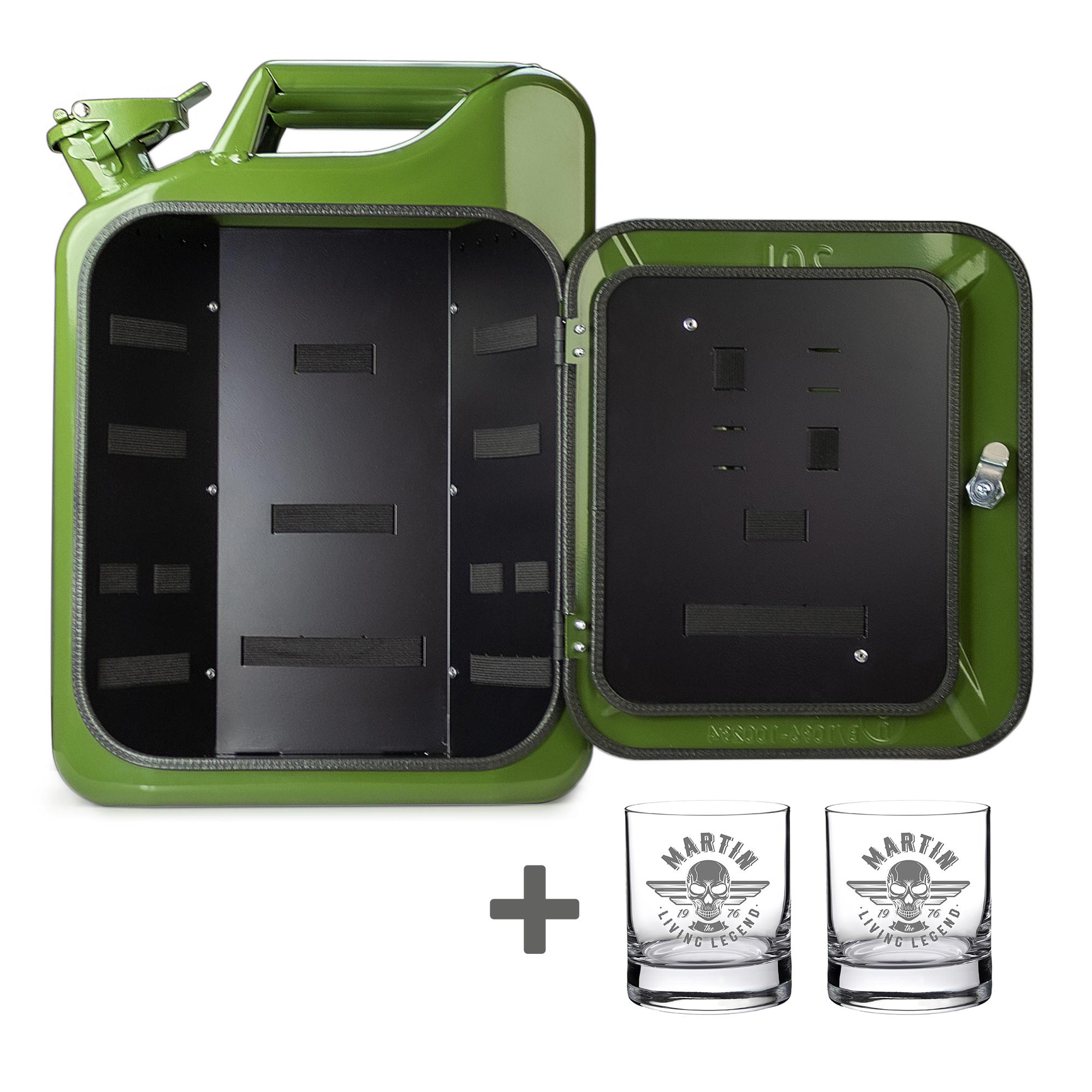 Grüne Kanisterbar mit 2 Whiskygläsern mit Gravur - Totenkopf