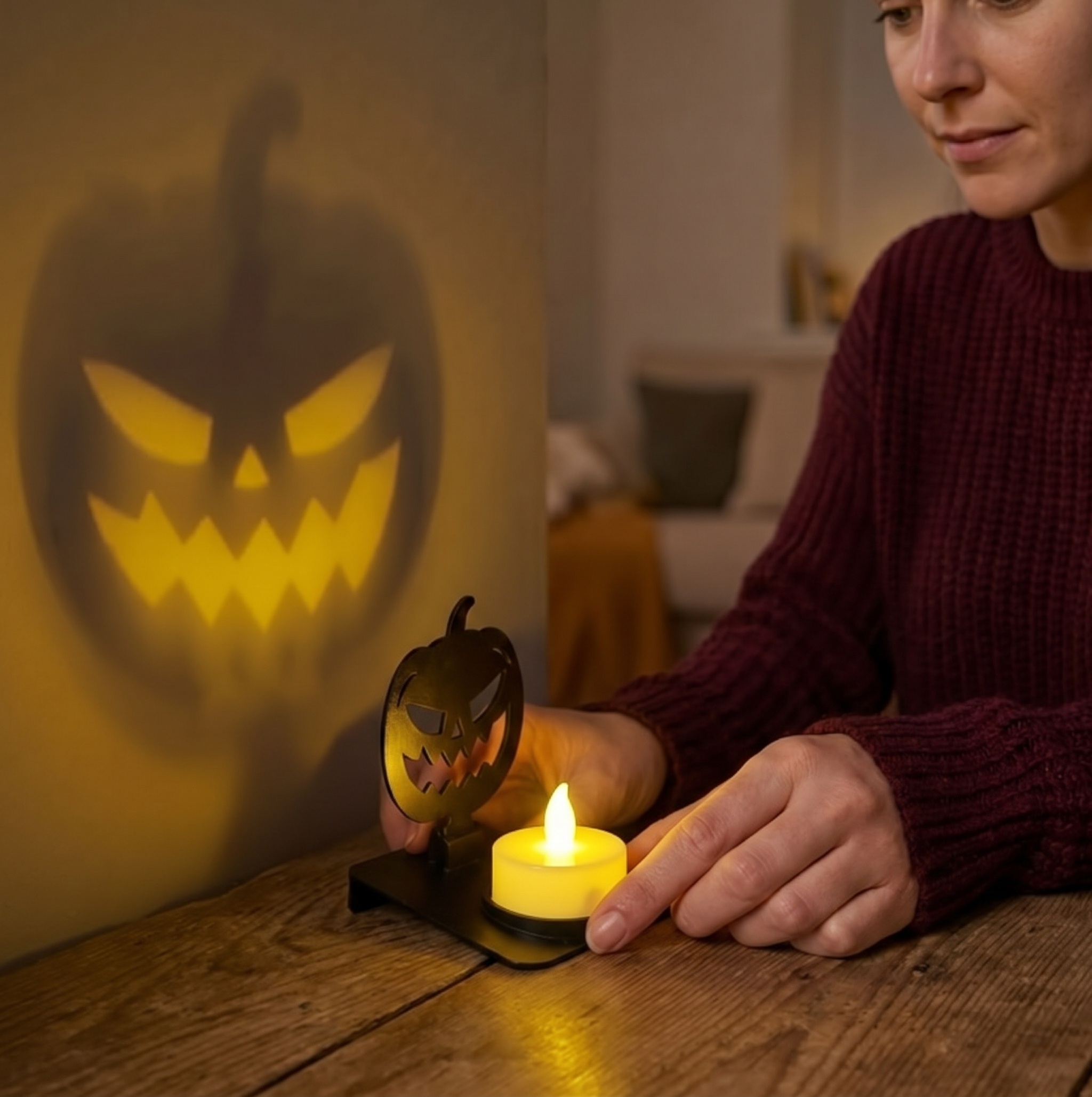 Halloween-Teelichthalter „Grusel-Kürbis“ – 2 Schattenmotive