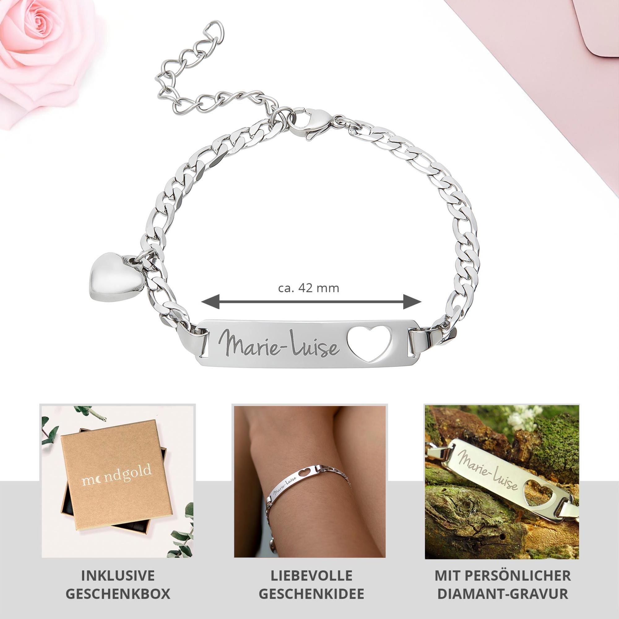 Armband mit Herzstanze Silber - Namensgravur
