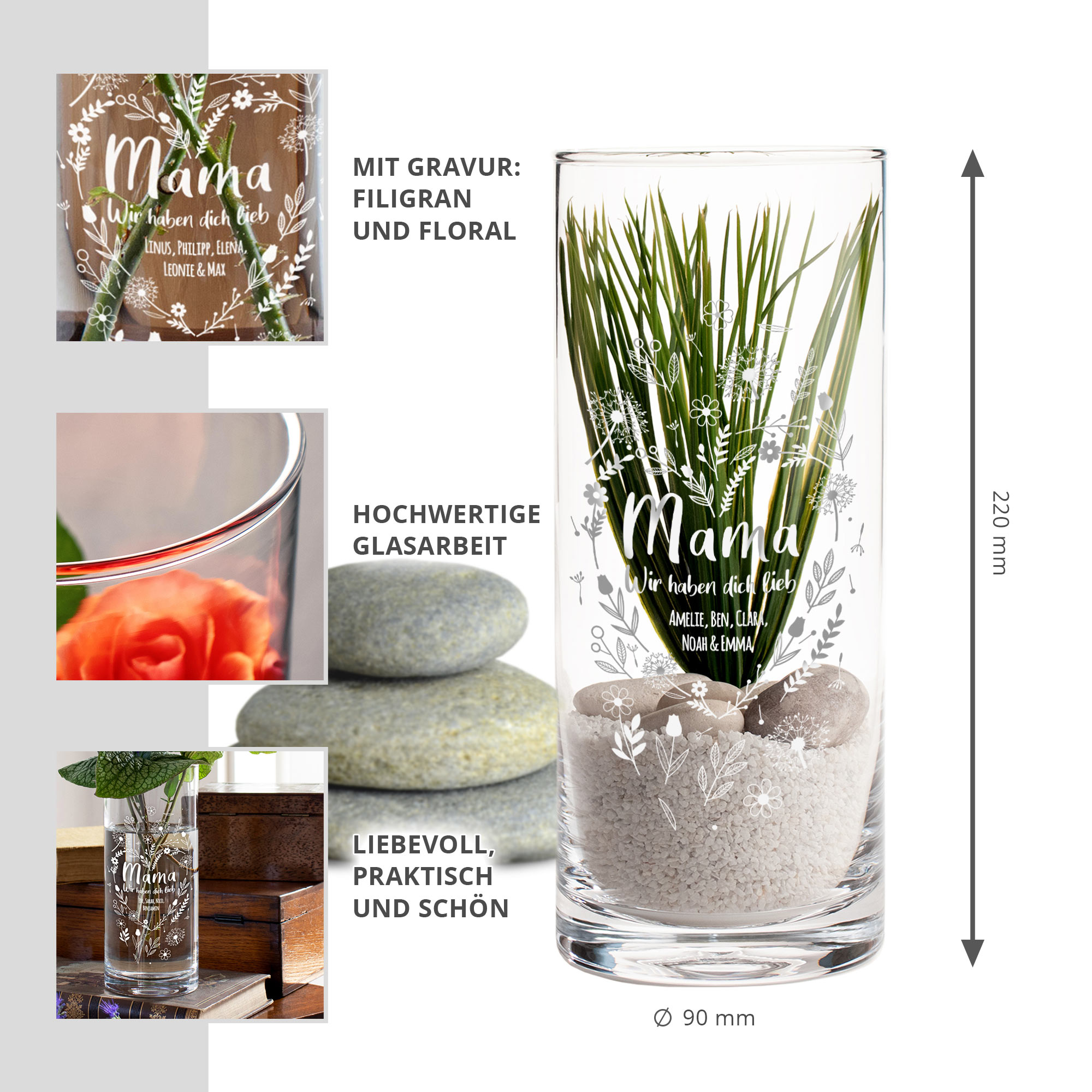 Runde Vase mit Gravur - Blumenherz für Mama 2135-115-MZ - 1