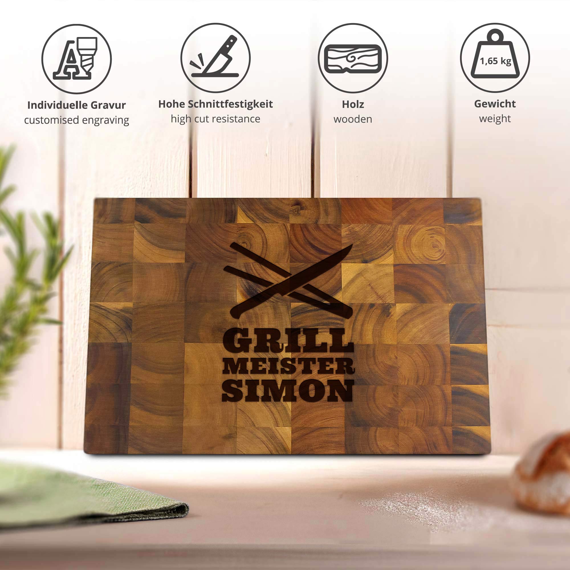 Stirnholz Schneideblock Akazie mit Grillmeister Gravur